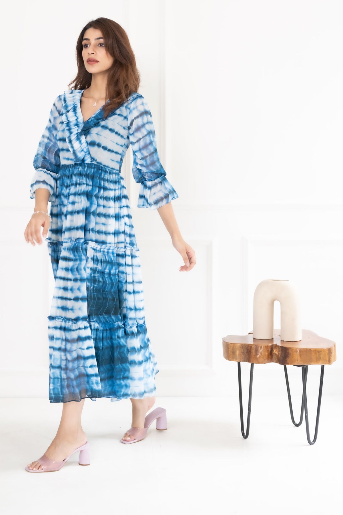 Women's Blue Shibori Chiffon Dress