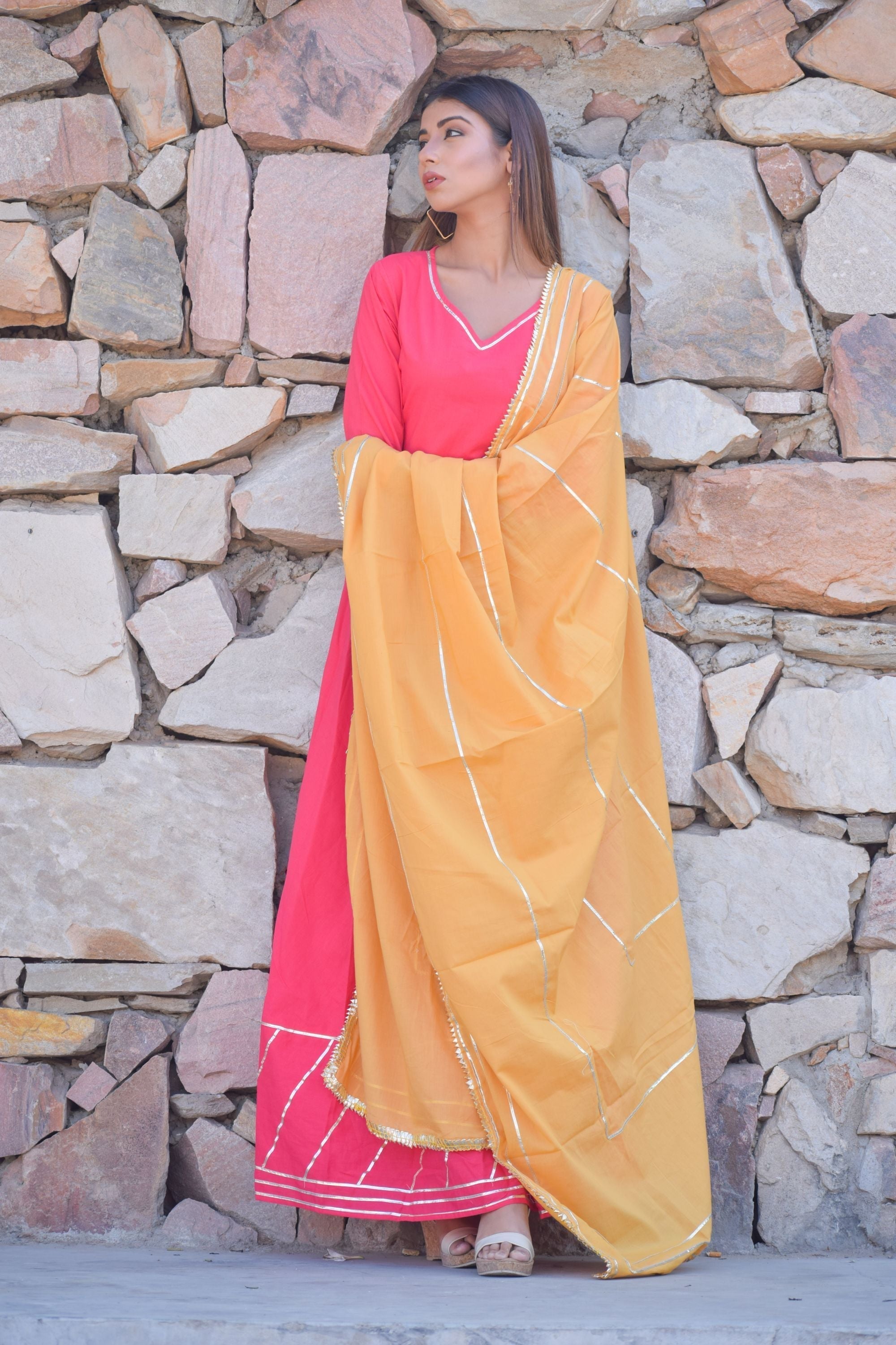 Women's Pink Cotton Anarkali Gown With Dupatta (2Pcs Set)