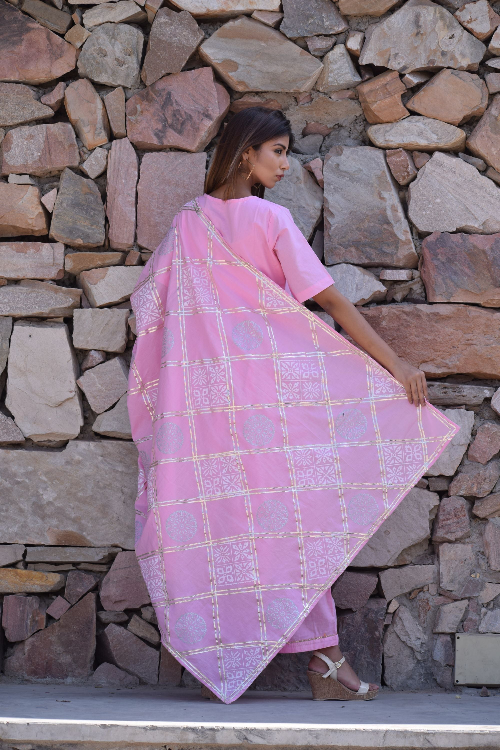 Women's Pink Kurta Set With Hand Block Printed Dupatta Set