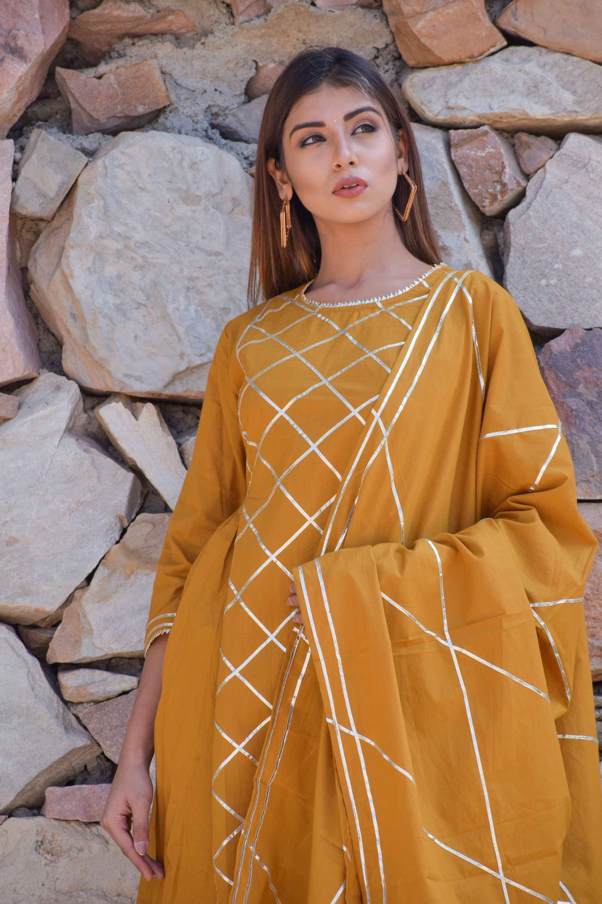 Women's Mustard Gota Work Kurta Palazzo And Dupatta Set