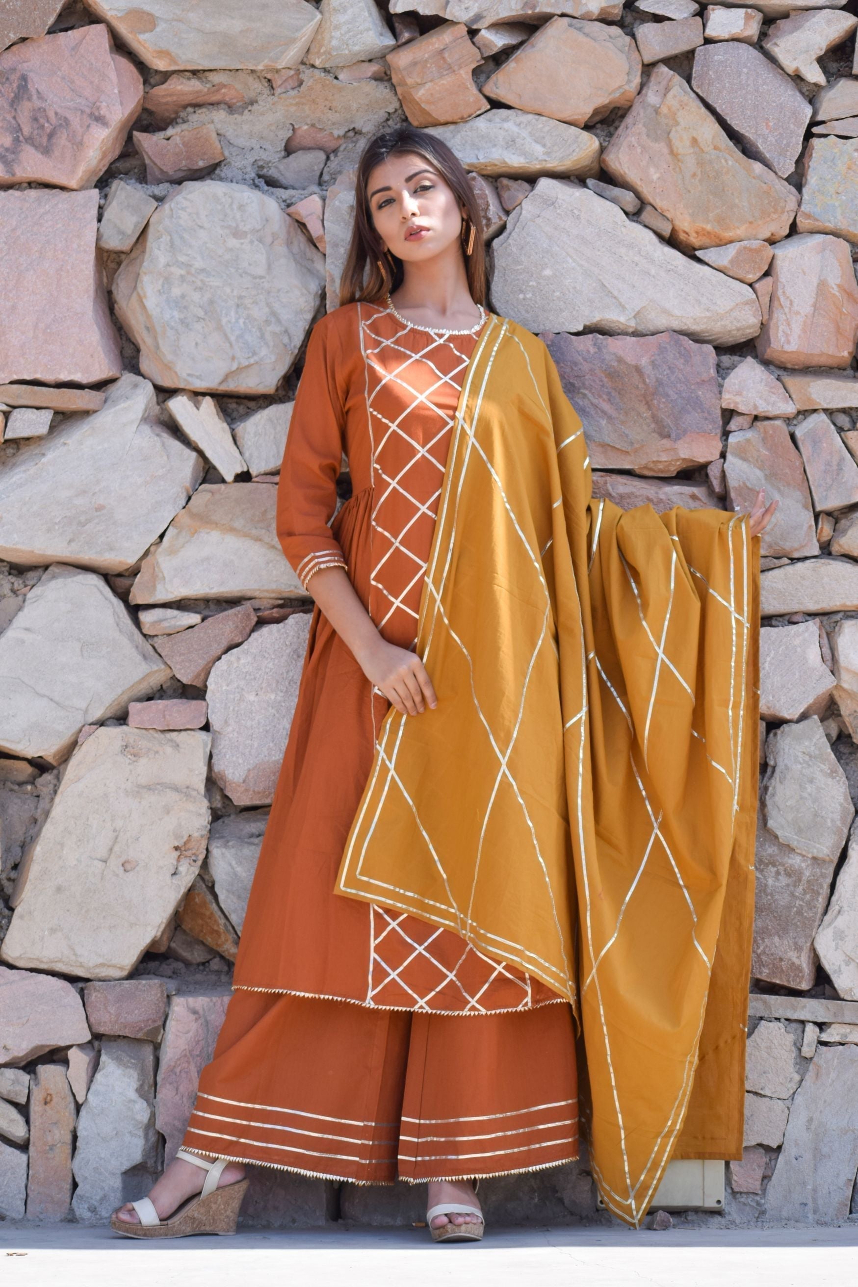 Women's Rust & Mustard Gota Kurta And Palazzo With Gota Dupatta