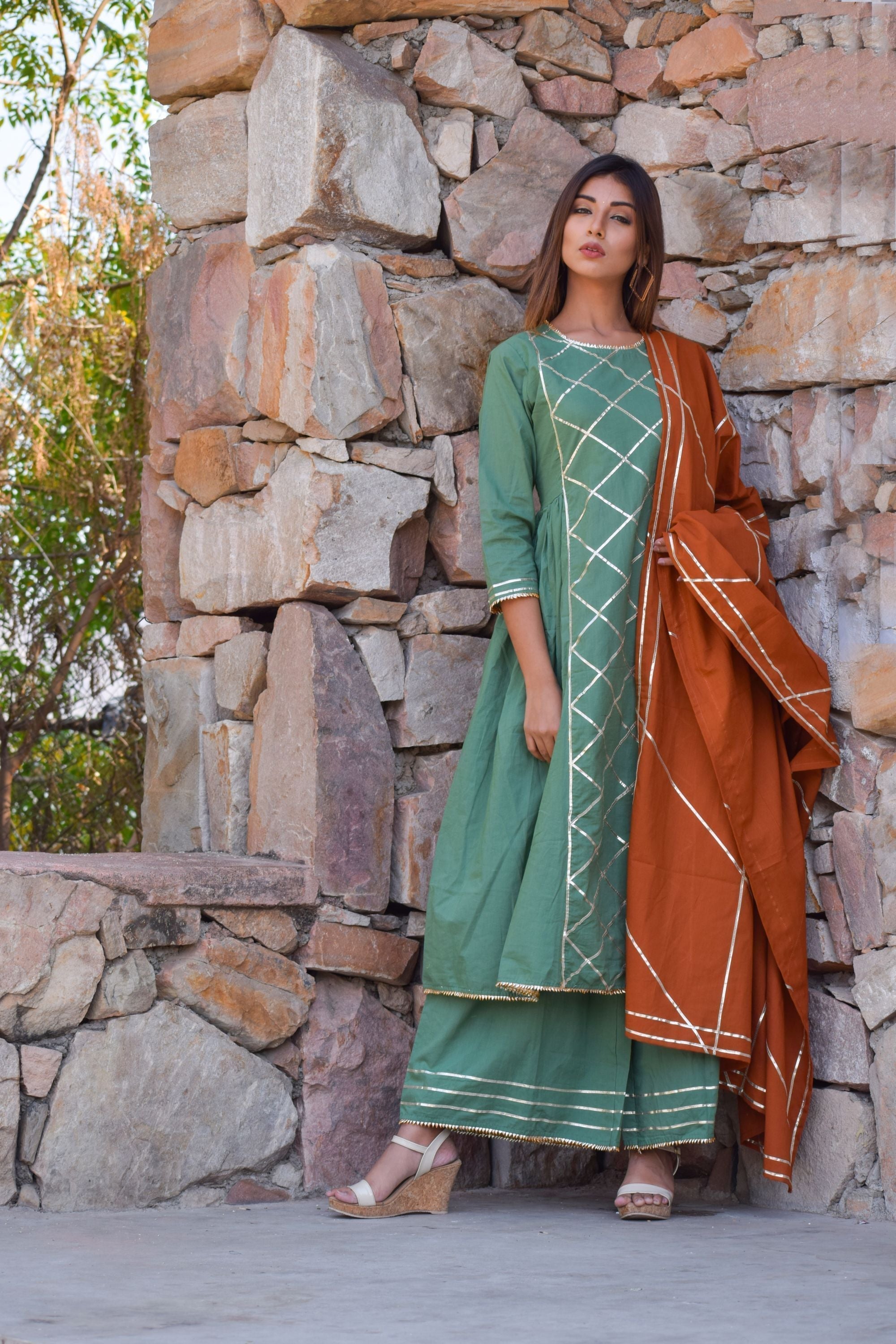 Women's Sea Green & Mustard Gota Anarkali set