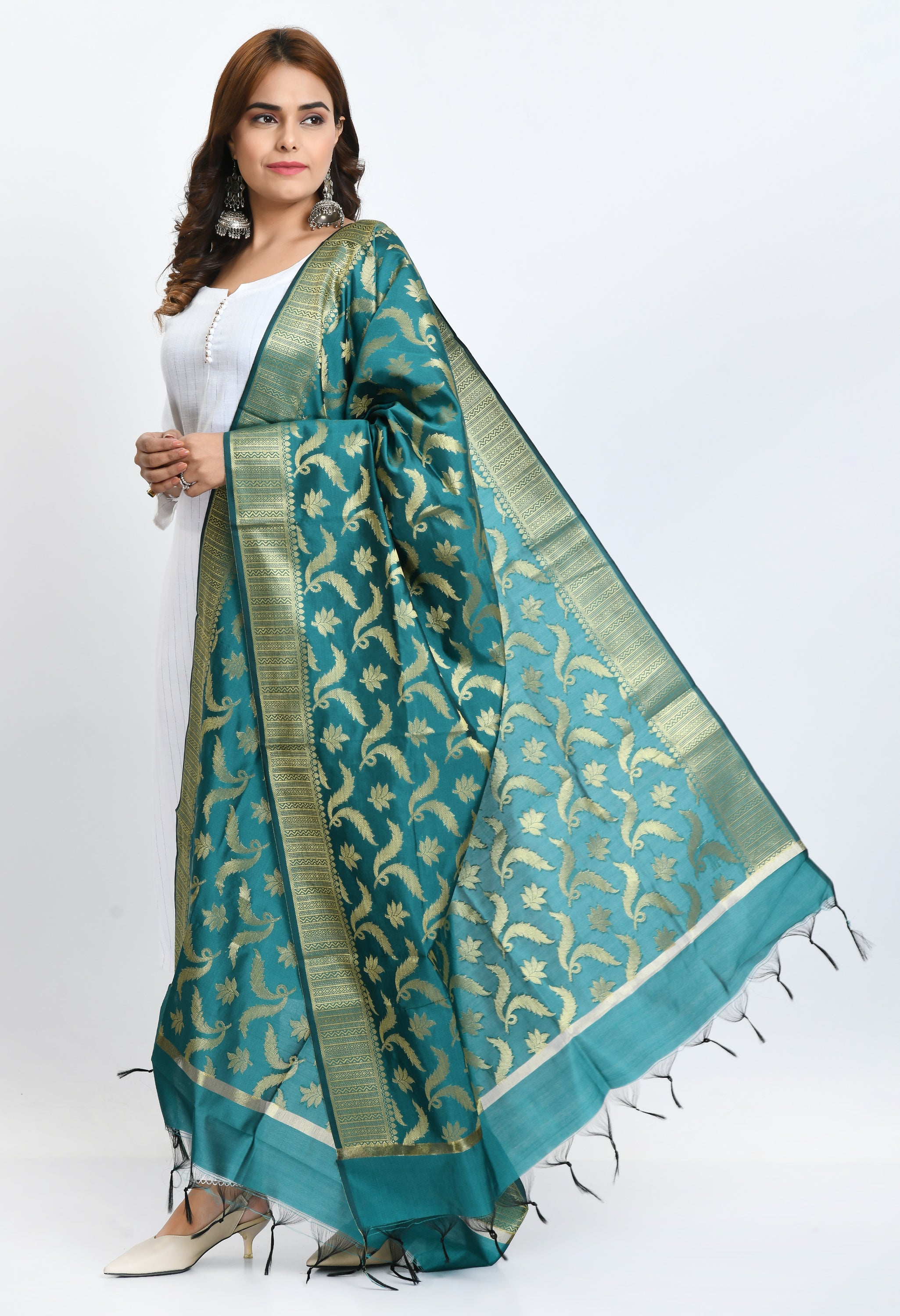 Women's Banarsi Silk Floral Woven Design Rama Green Dupatta
