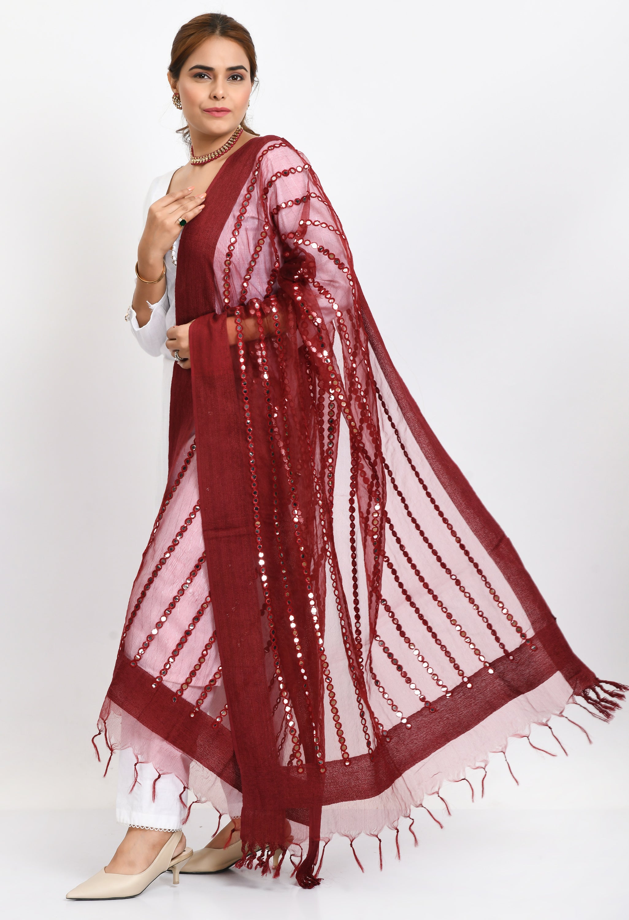 Women's Orgenza Mirror Stripe Thread Work Maroon Dupatta