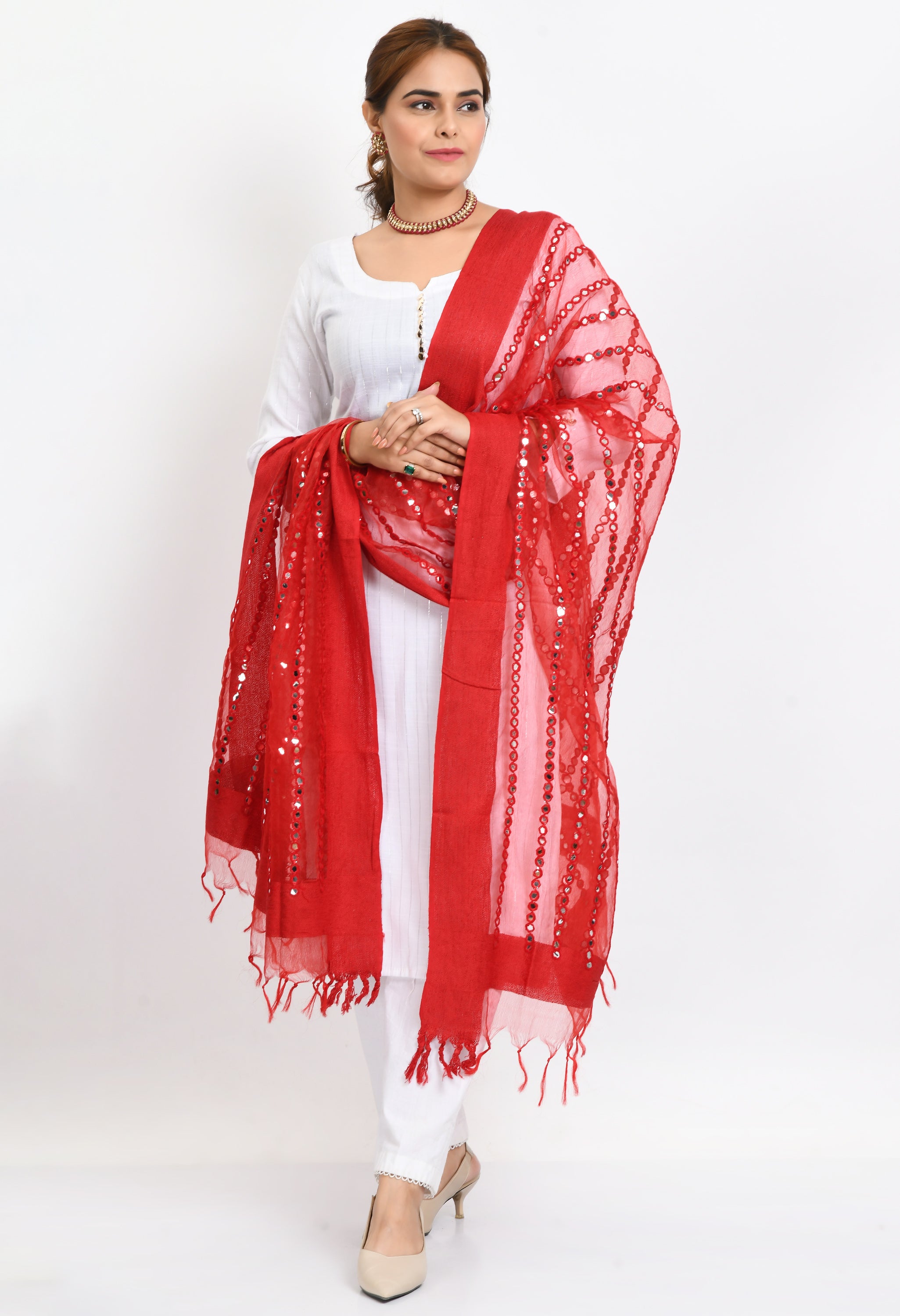 Women's Orgenza Mirror Stripe Thread Work Red Dupatta