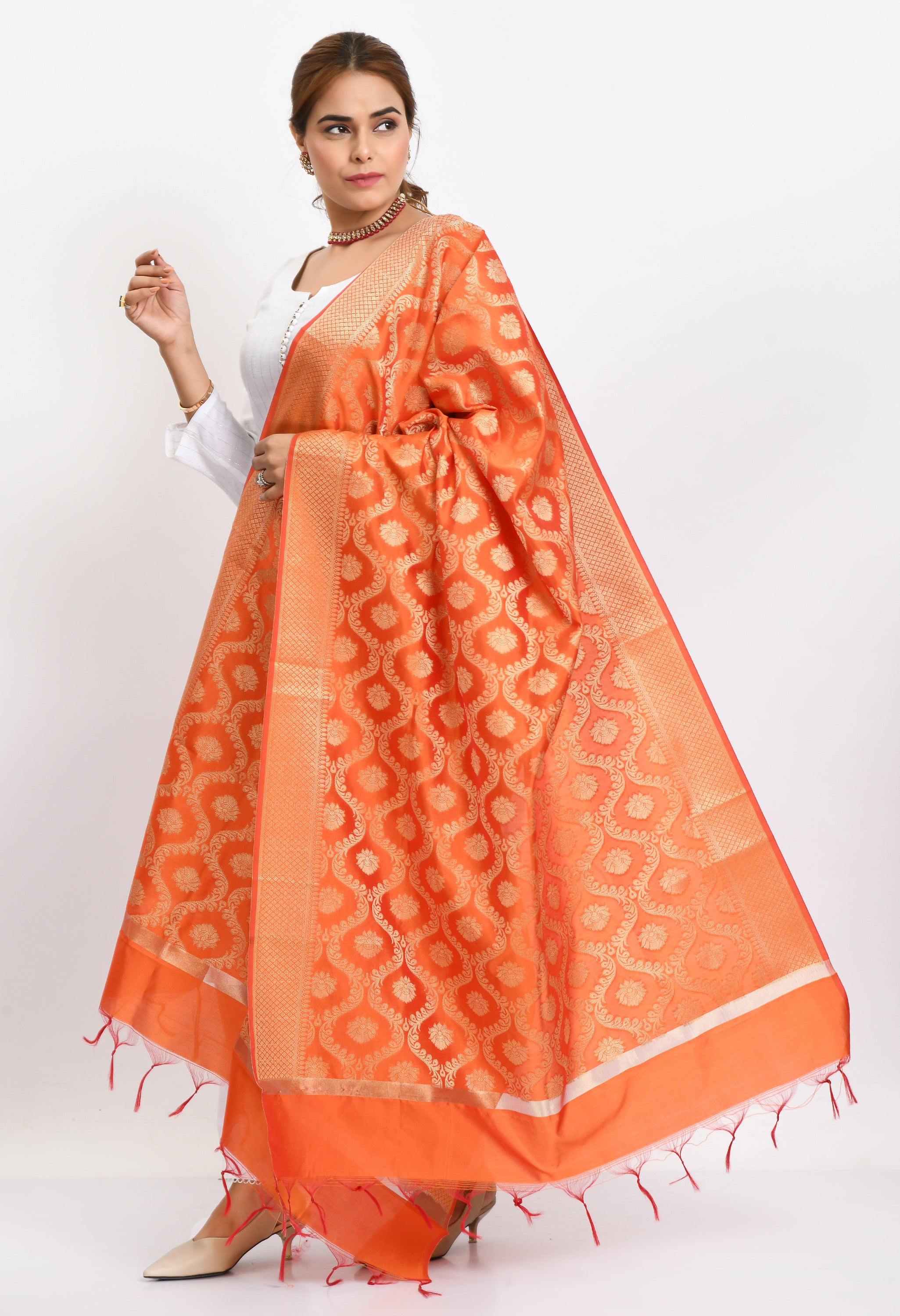 Women's Banarsi Silk All Over Woven Design Orange Dupatta