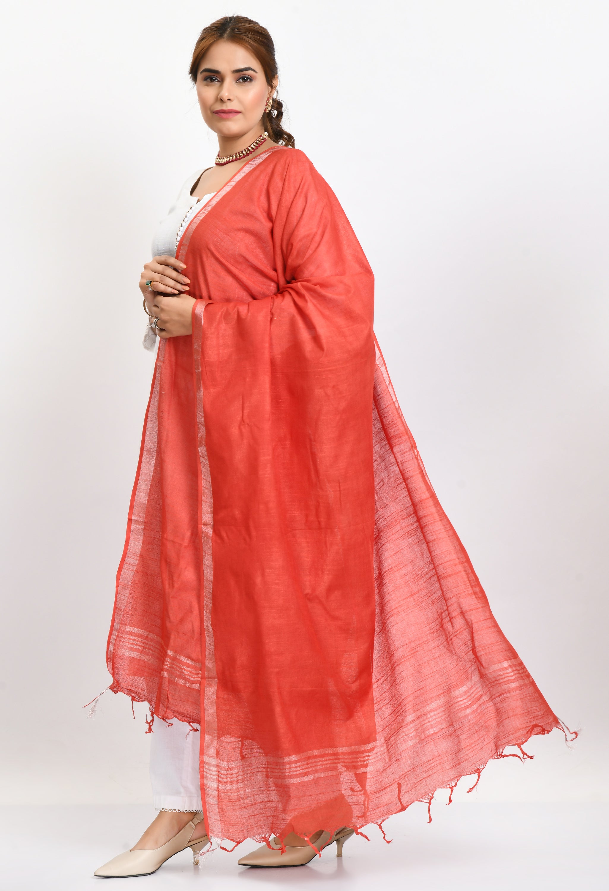 Women's Linen Cotton Silver Border Red Dupatta