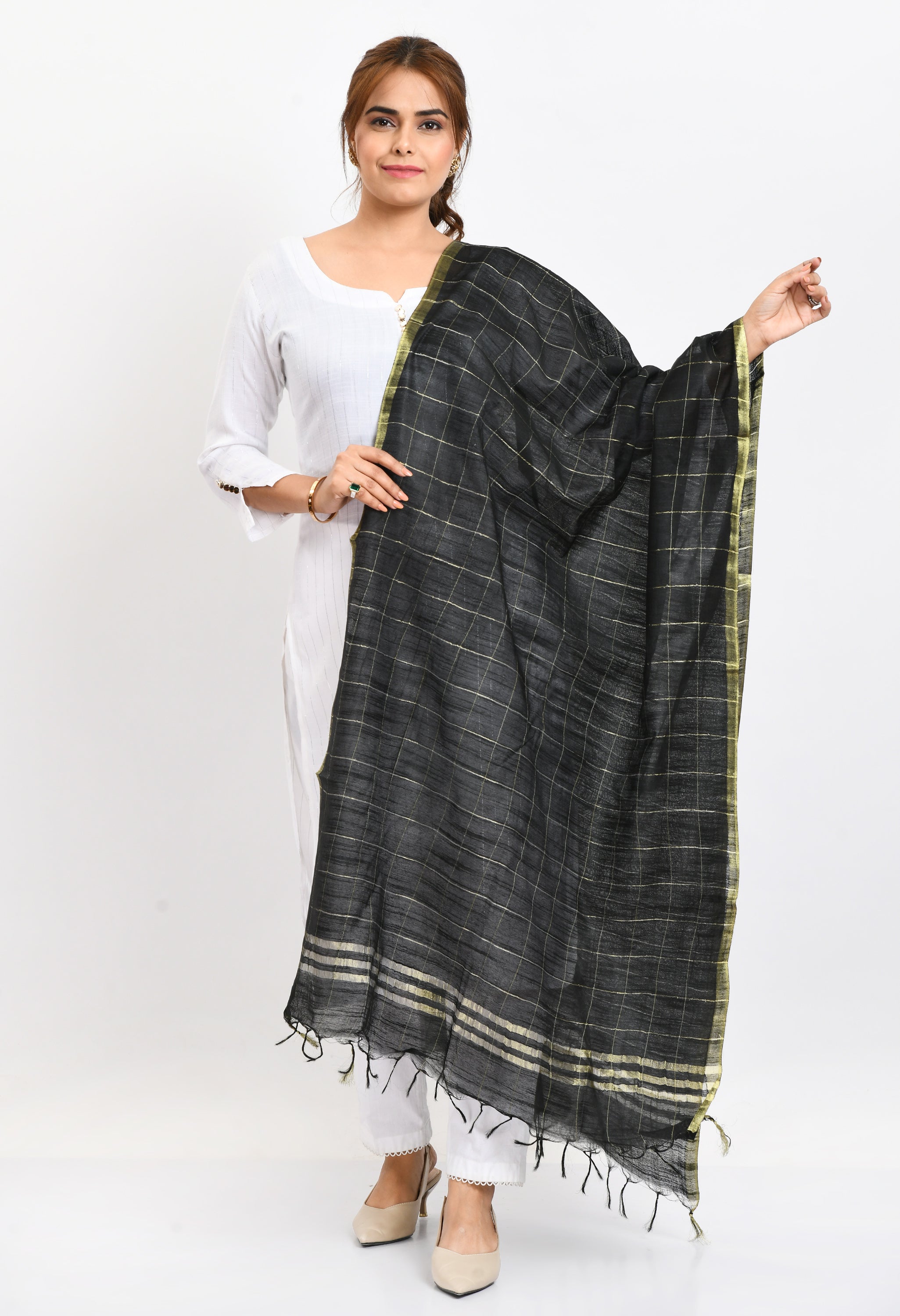 Women's Cotton Zari Box Black Dupatta