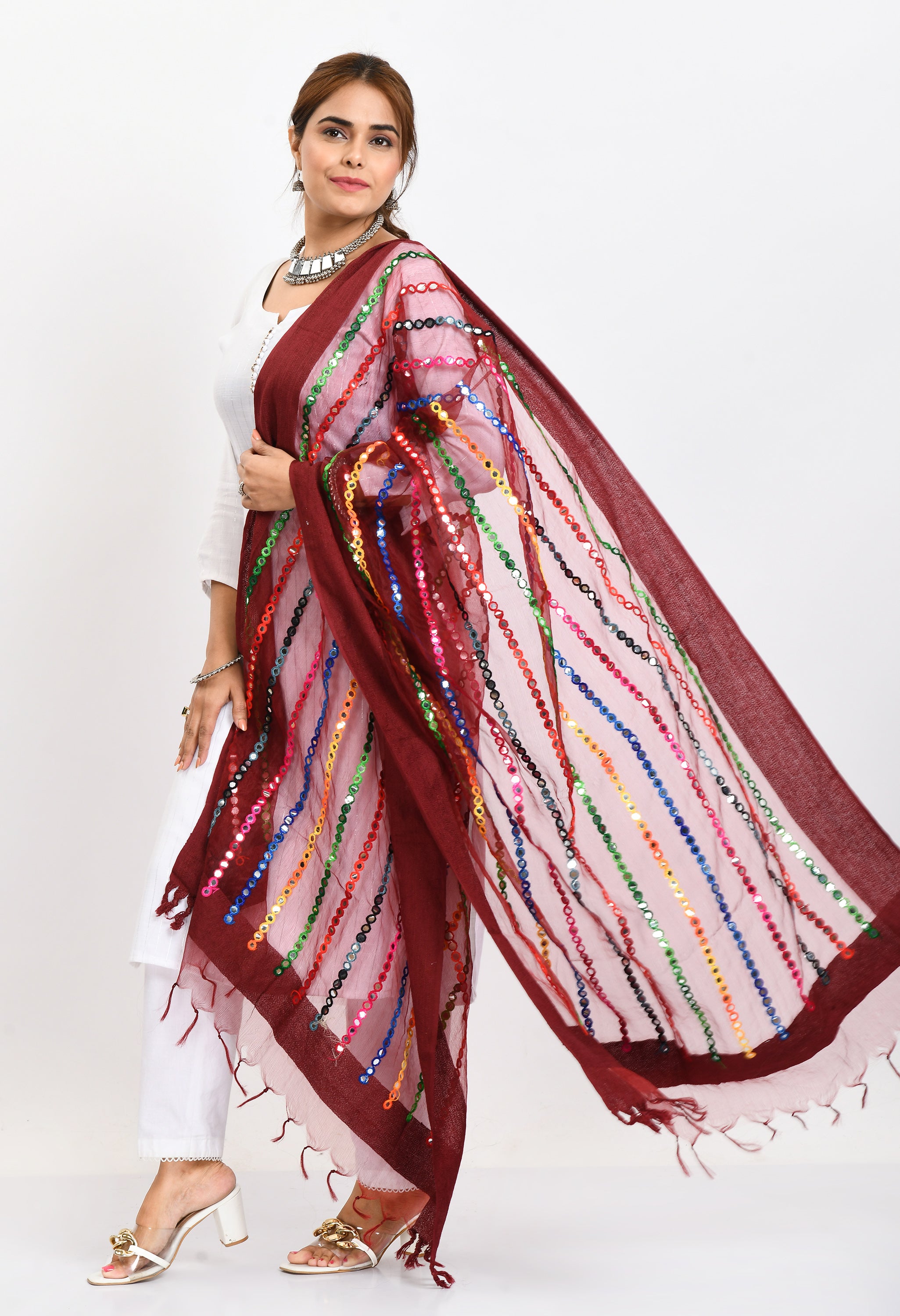 Women's Orgenza Multi Thread Mirror Work Maroon Dupatta