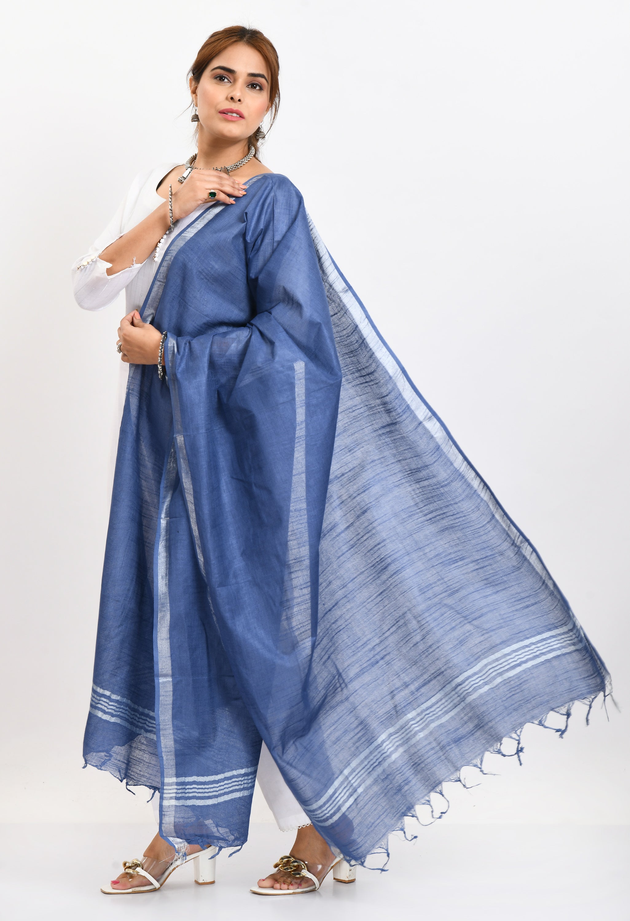 Women's Linen Cotton Silver Border Blue Dupatta
