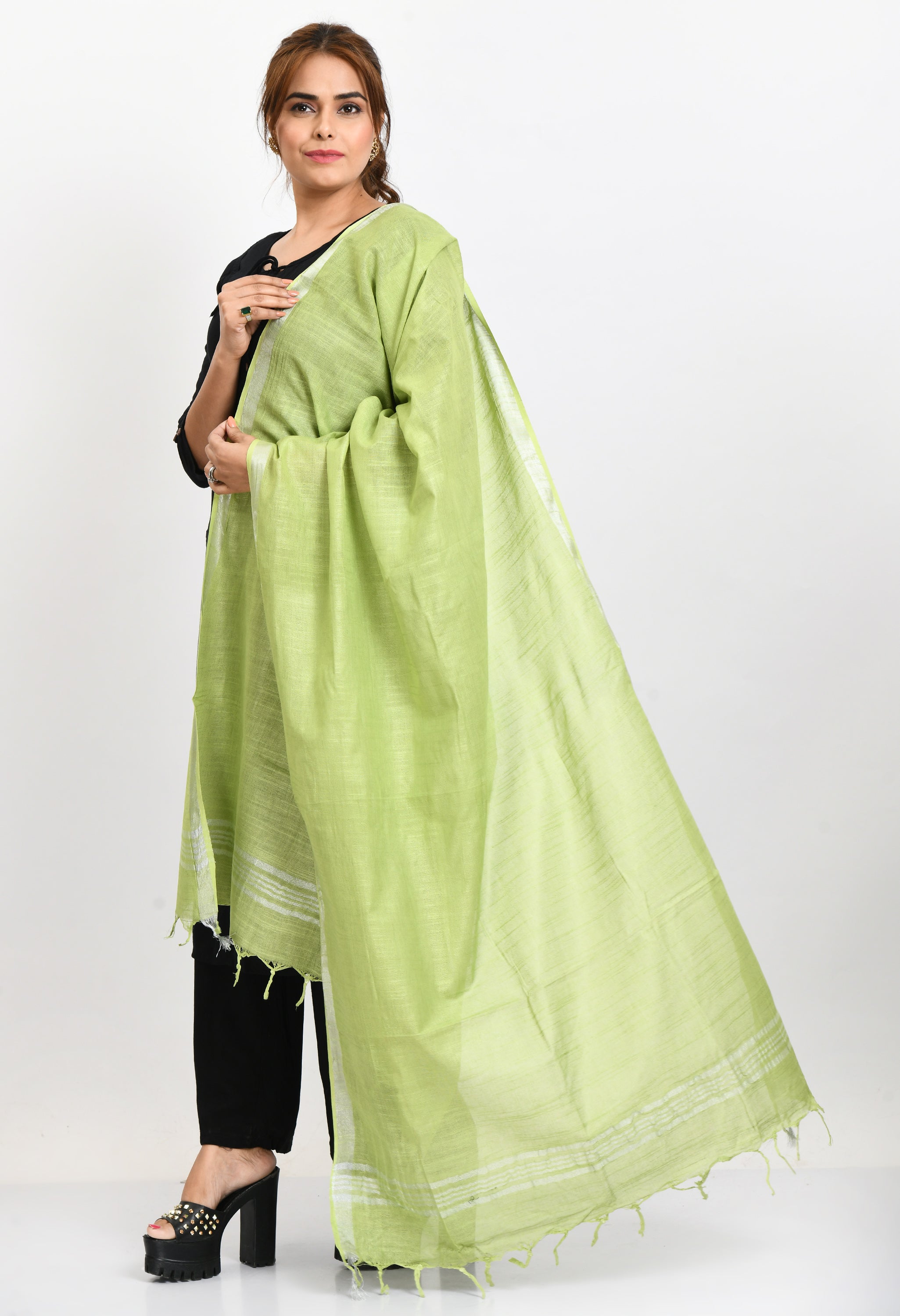 Women's Linen Cotton Silver Border Parrot Green Dupatta
