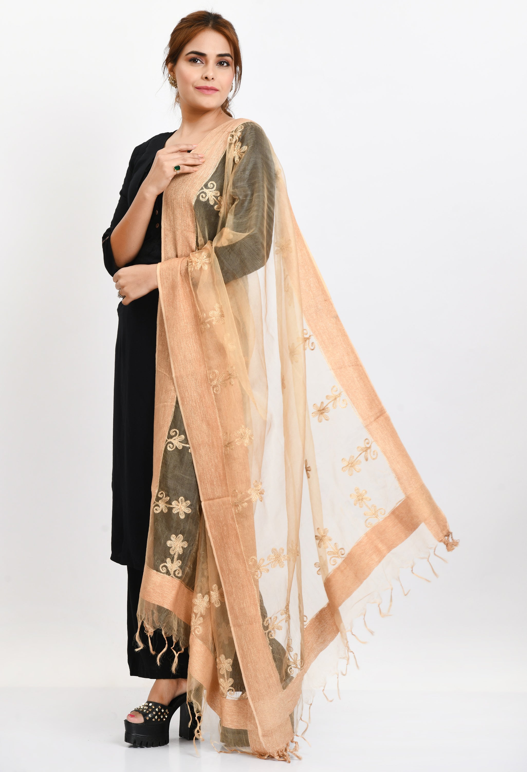 Women's Orgenza All Over Chikan Work Golden Dupatta