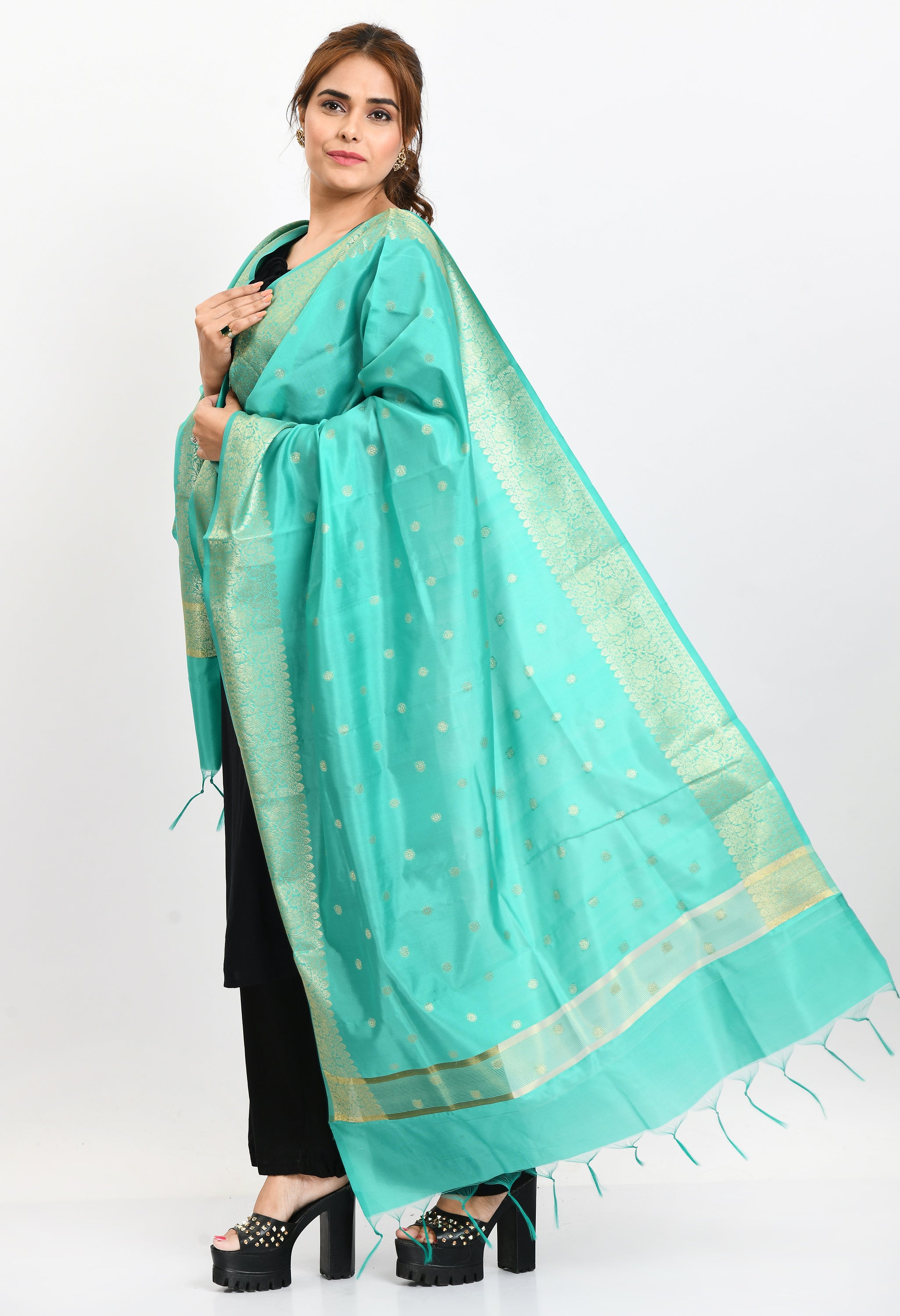 Women's Banarsi Silk Woven Design Sea Green Dupatta