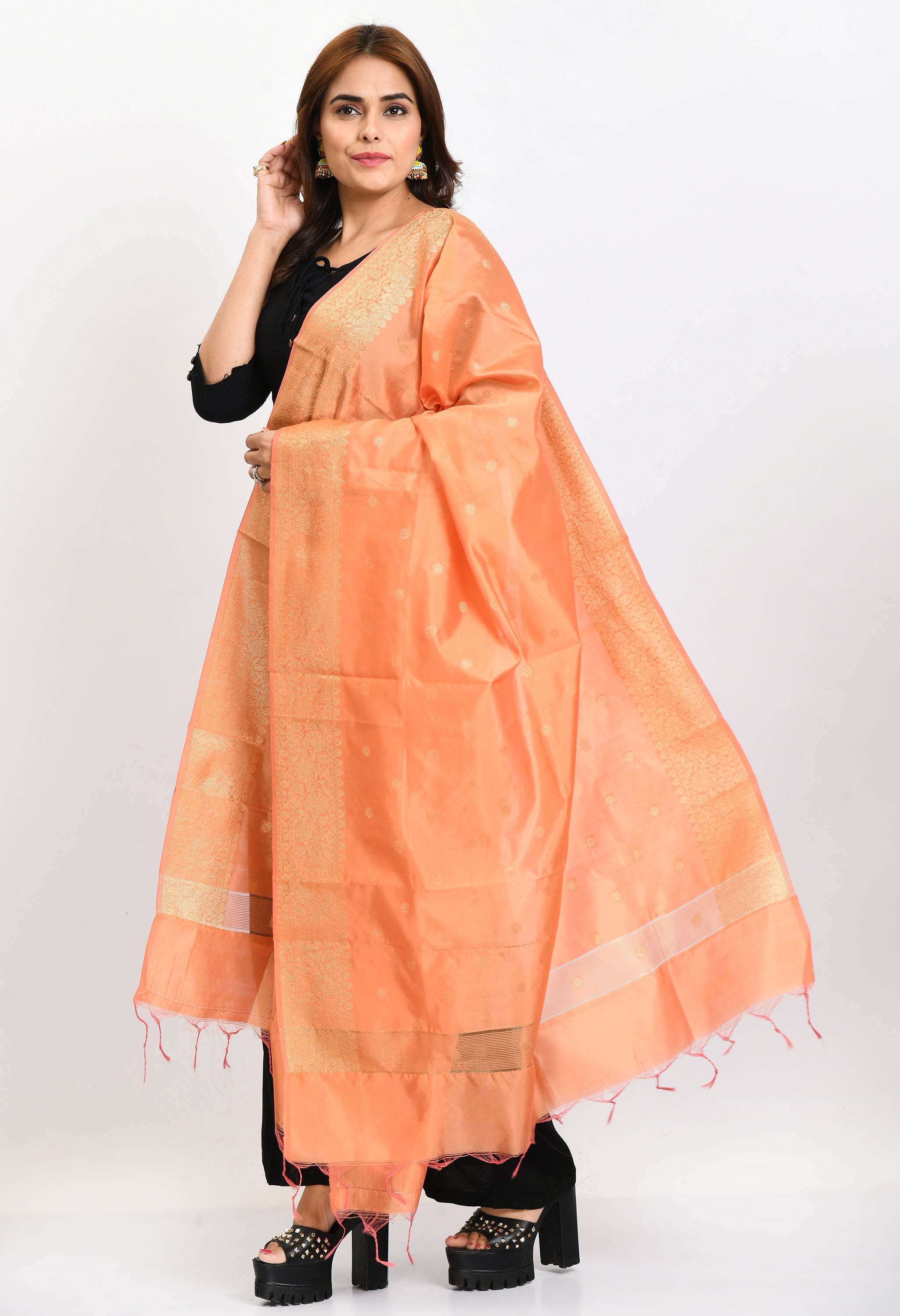 Women's Banarsi Silk Woven Design Peach Dupatta