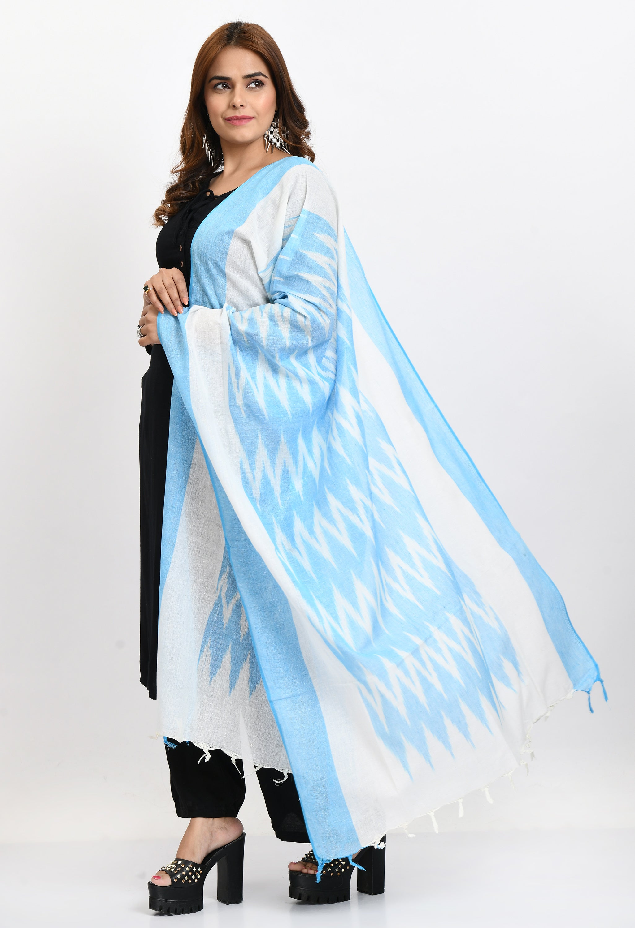 Women's Handloom Cotton Ikkat Sky Blue Dupatta