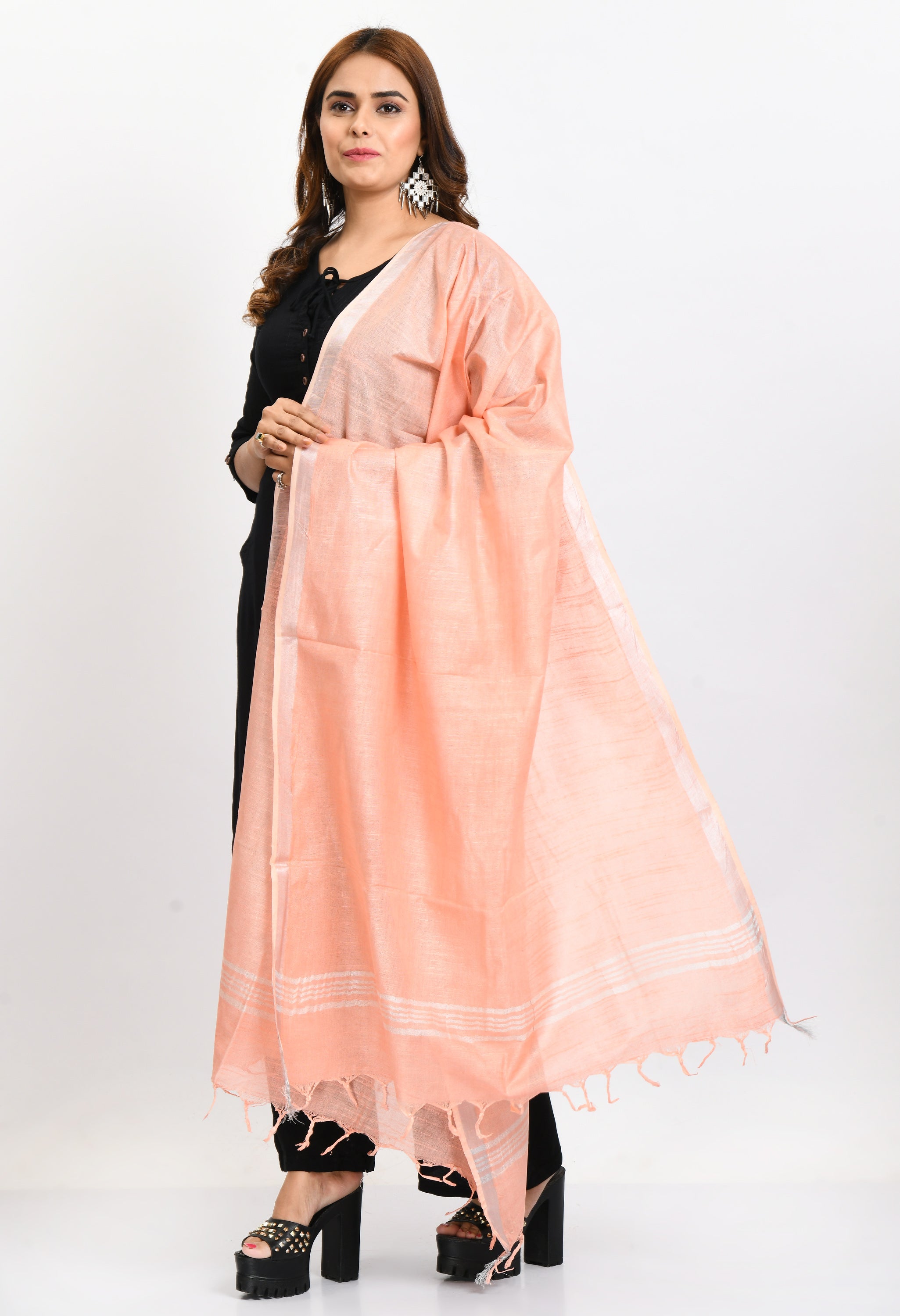 Women's Linen Cotton Silver Border Peach Dupatta