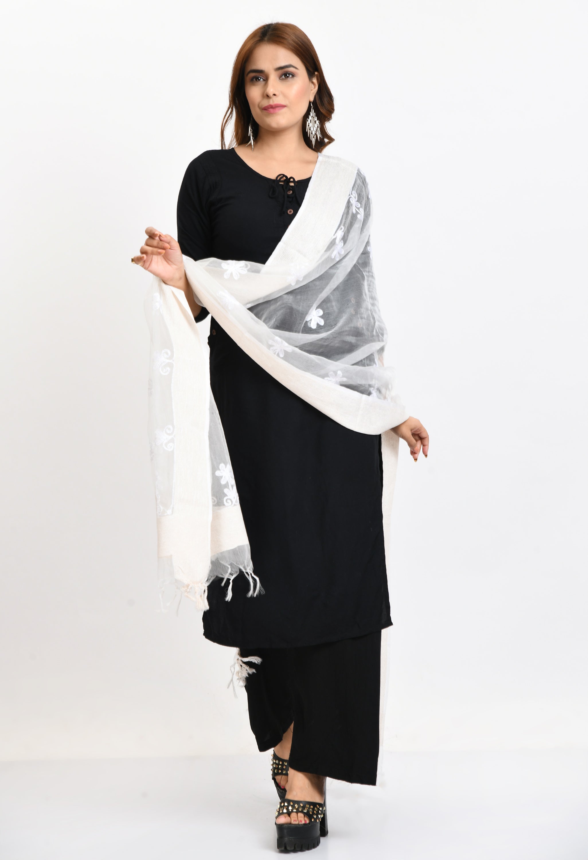 Women's Orgenza All Over Chikan Work White Dupatta