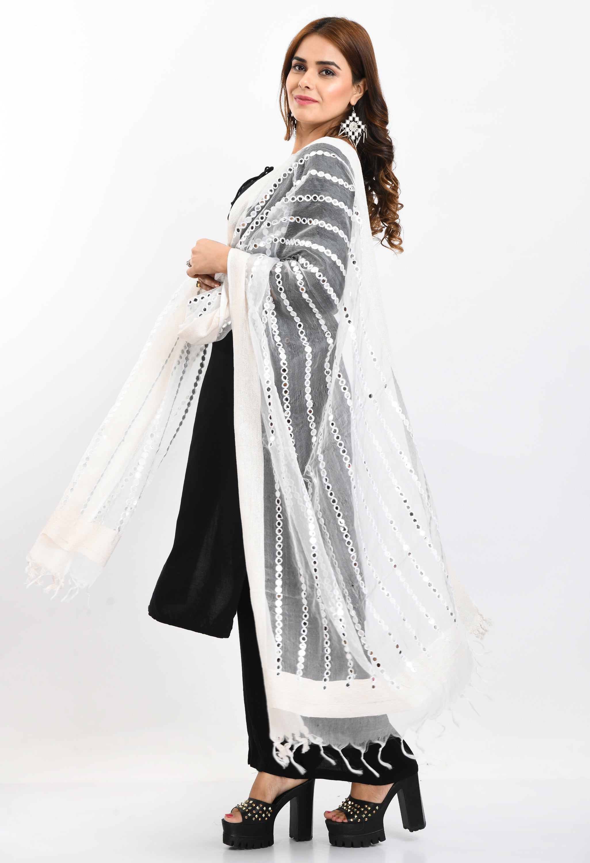 Women's Orgenza Mirror Stripe Thread Work White Dupatta