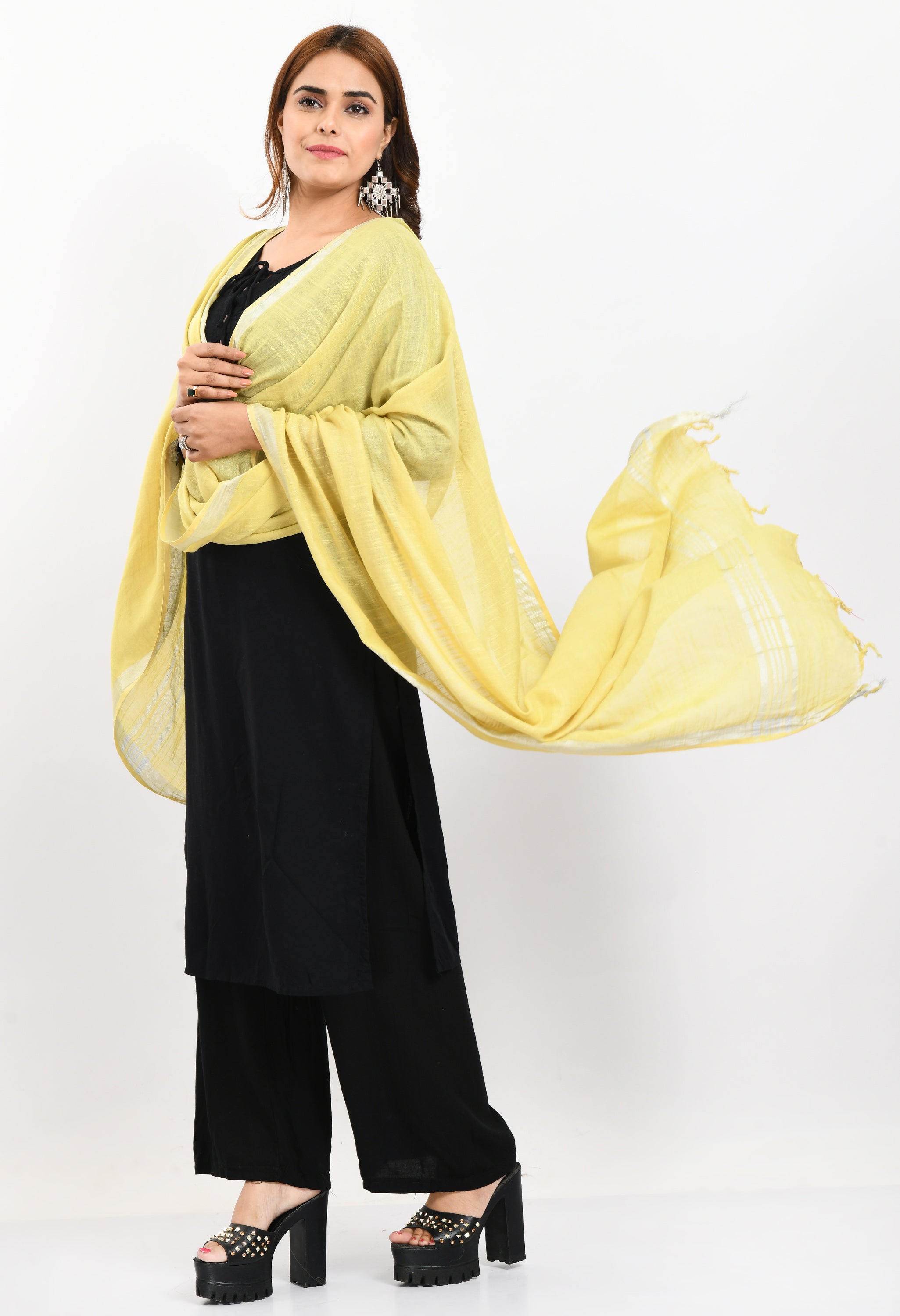 Women's Linen Cotton Silver Border Lemon Yellow Dupatta