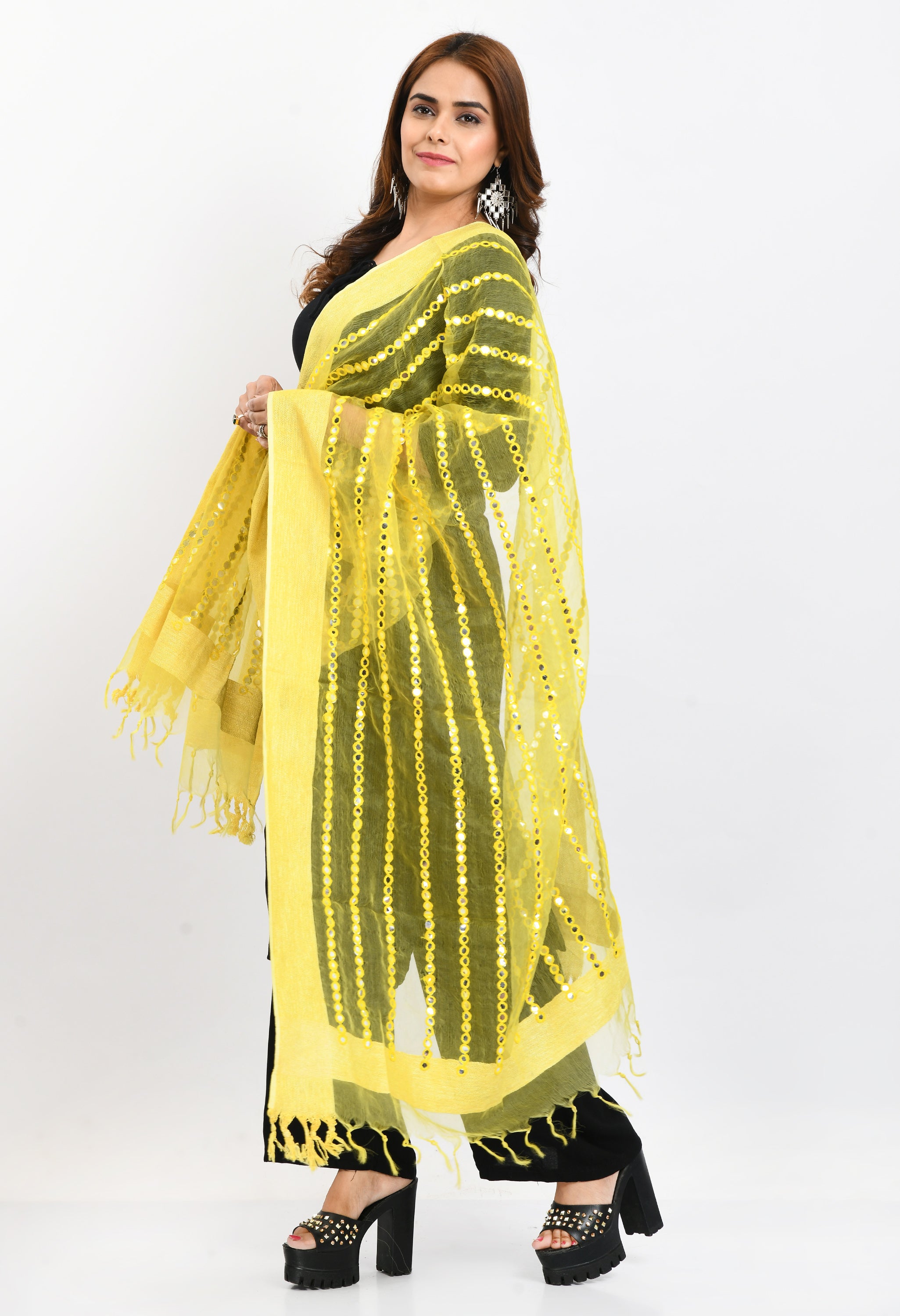 Women's Orgenza Mirror Stripe Thread Work Lemon Yellow Dupatta