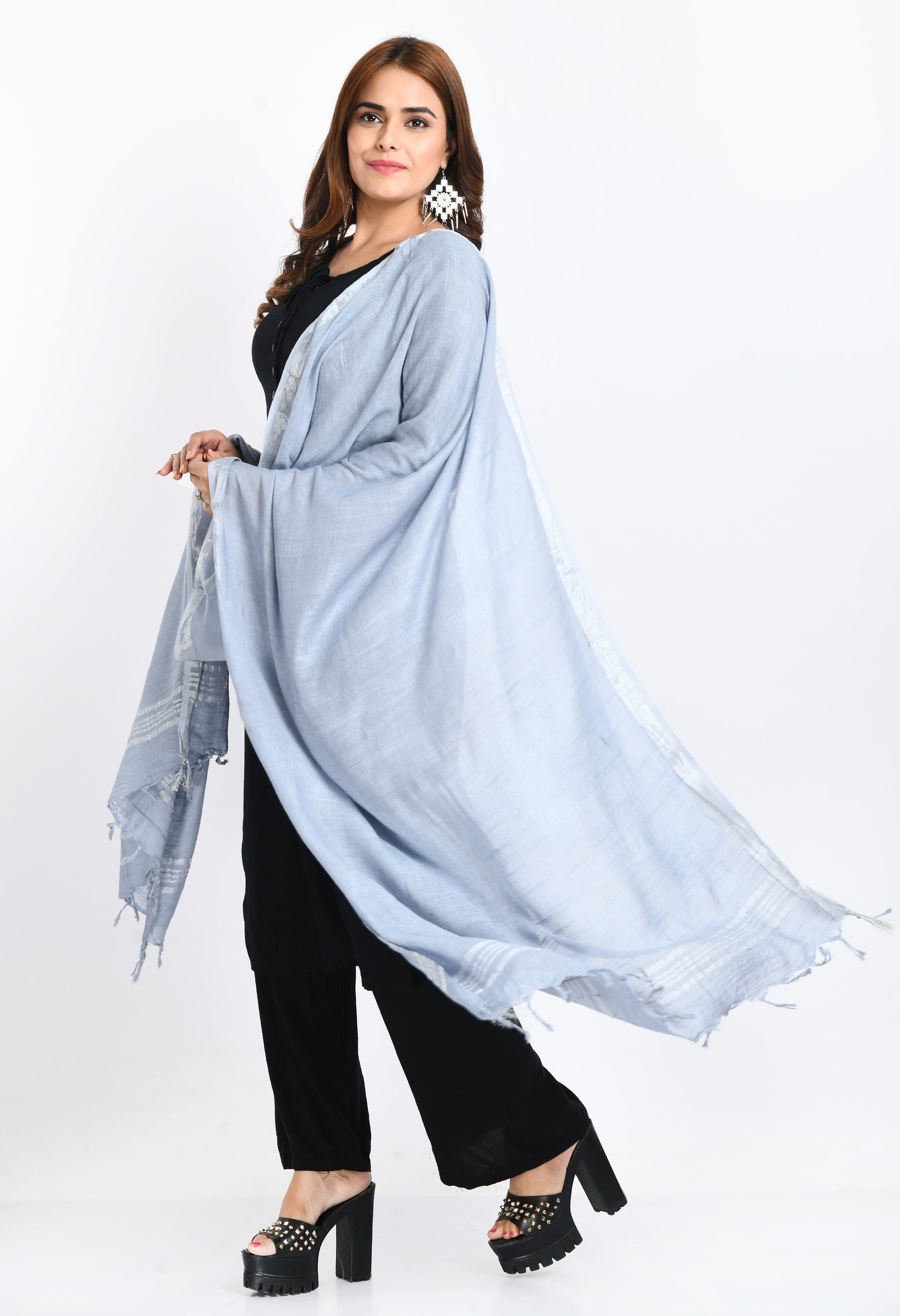 Women's Linen Cotton Silver Border Grey Dupatta