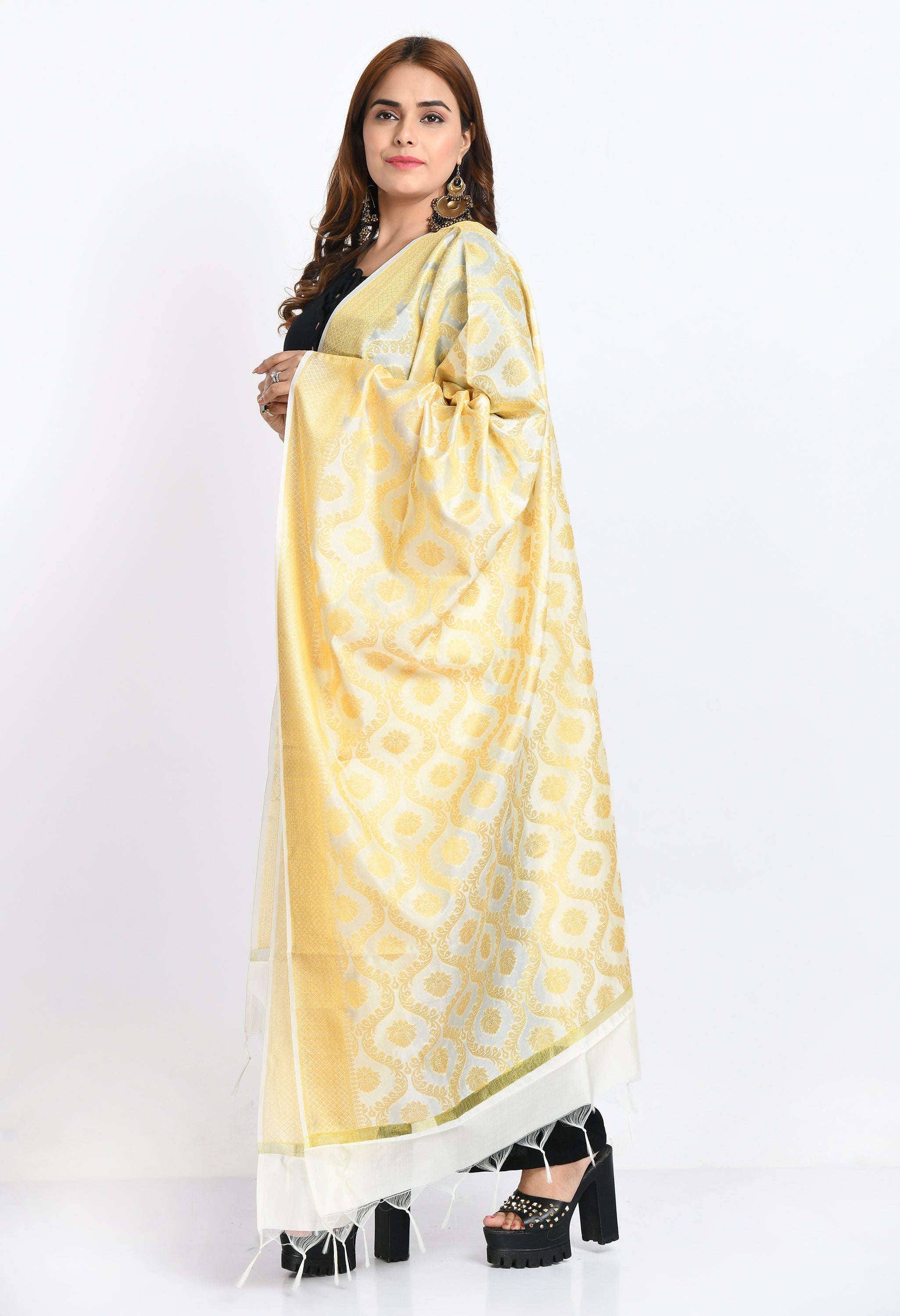 Women's Banarsi Silk All Over Woven Design Cream Dupatta