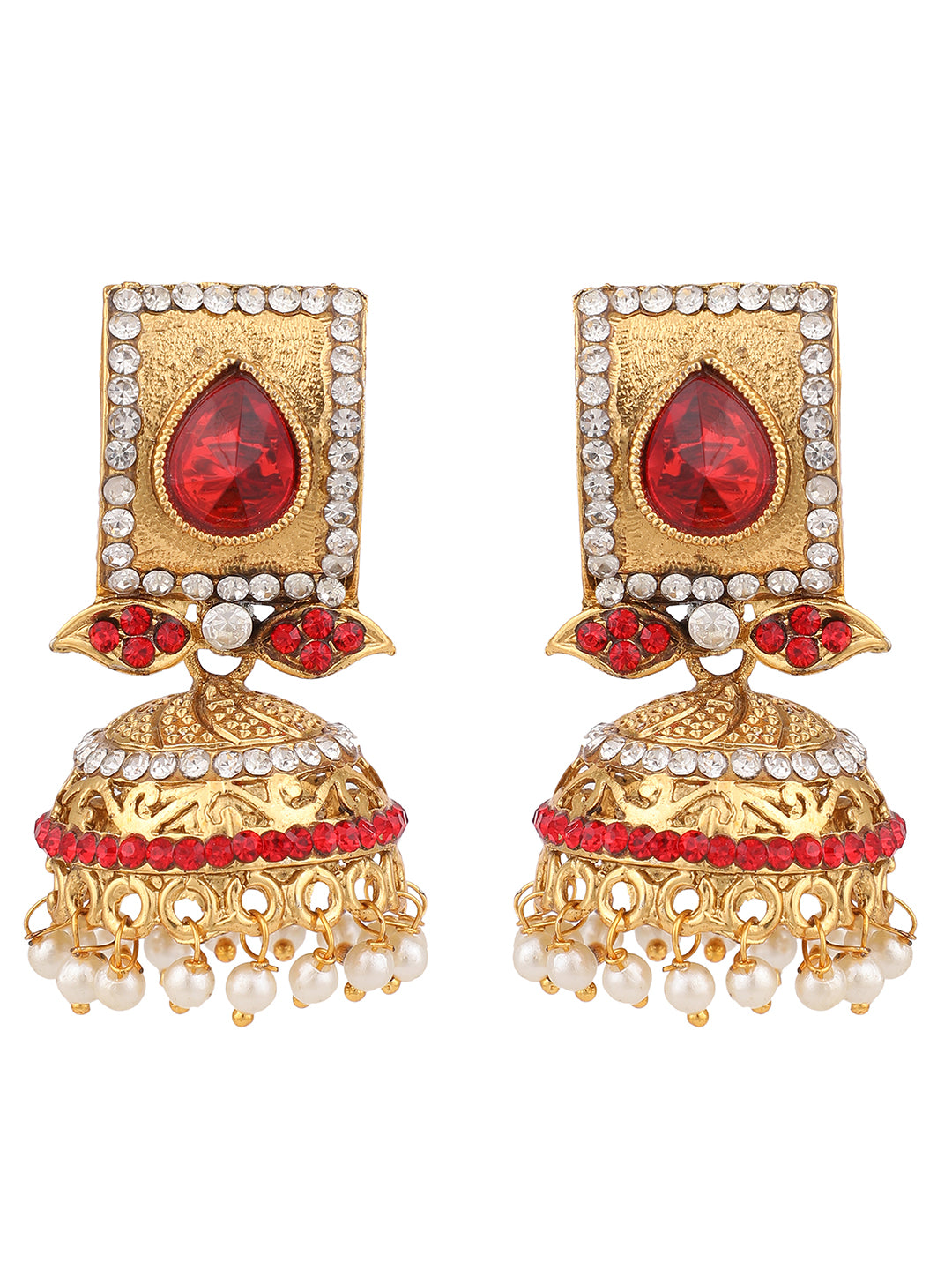 Women's Traditional Gold Plated Red Stone Studded Classy Look Jhumka Earring