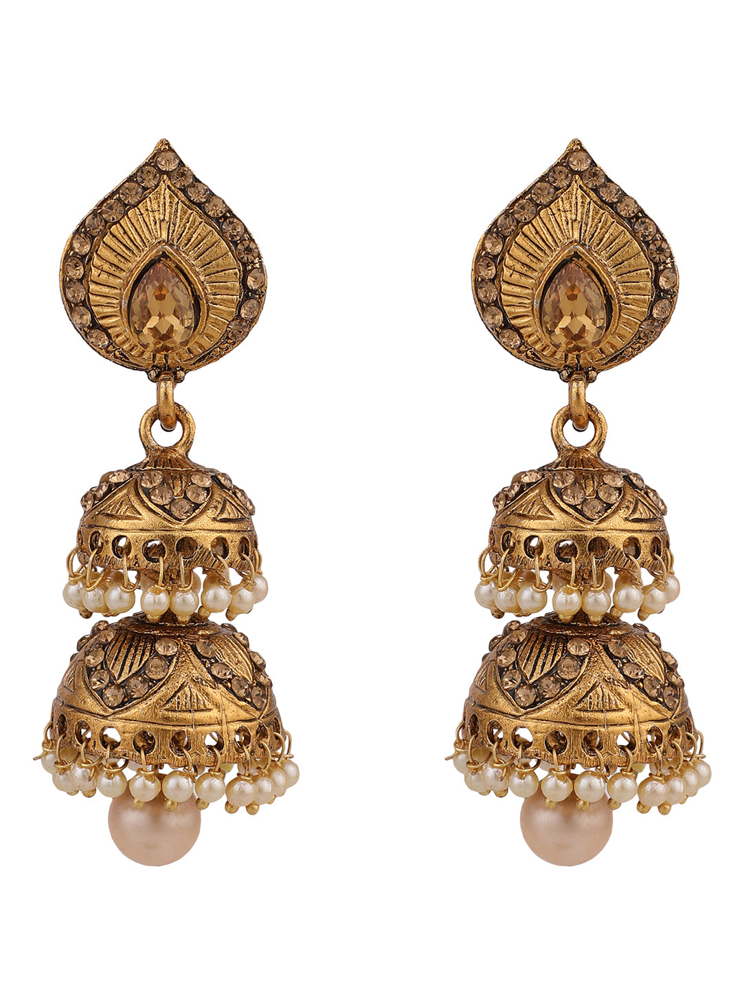 Women's LCT Stone Studded & Beaded 2 Floor Dome Shaped Jhumkas
