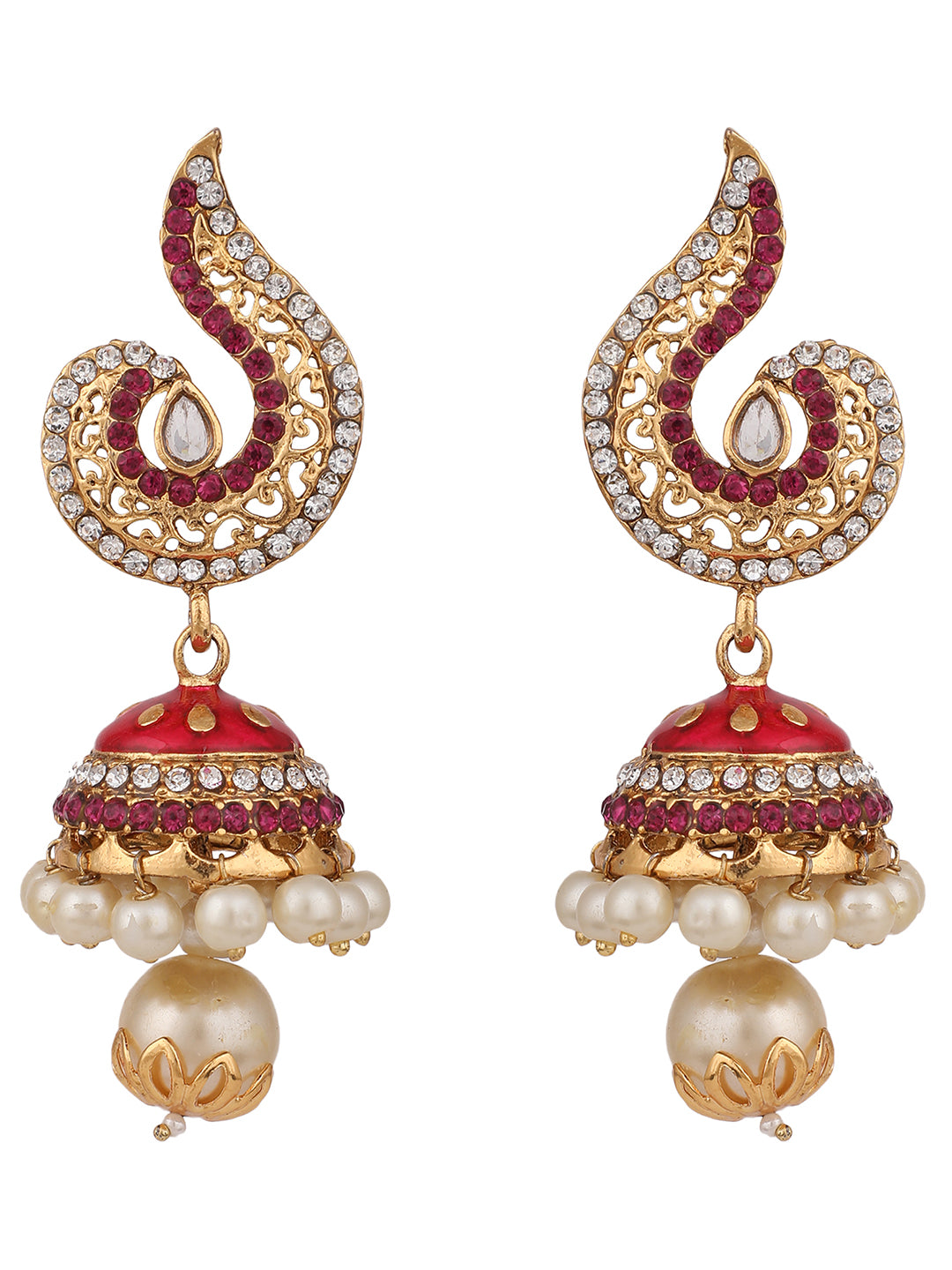 Women's Gold Plated Red & White Stone Studded Jhumka Earring