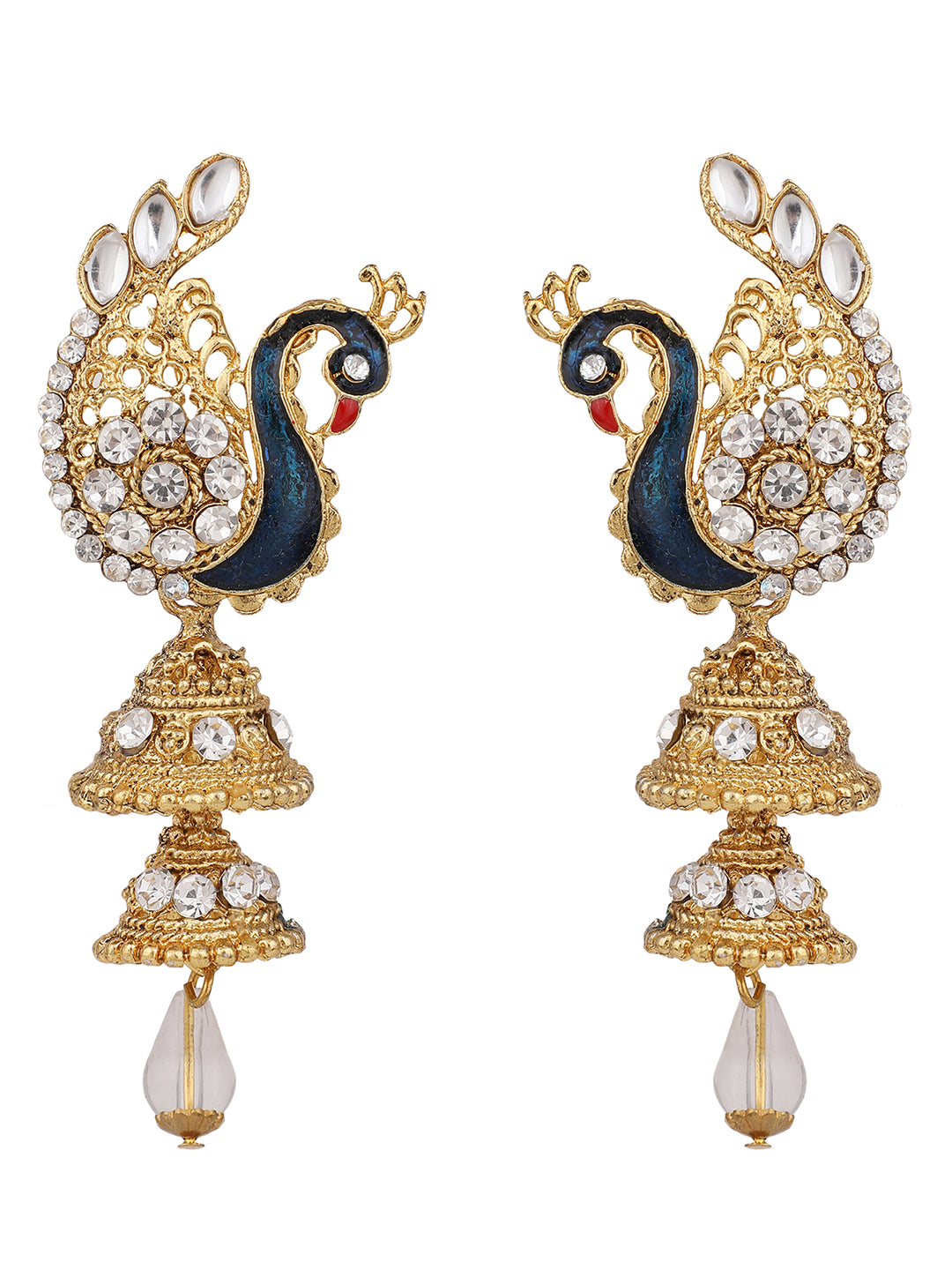 Women's Traditional Peacock Shape White Stone Studded 2 Floor Jhumka Earring