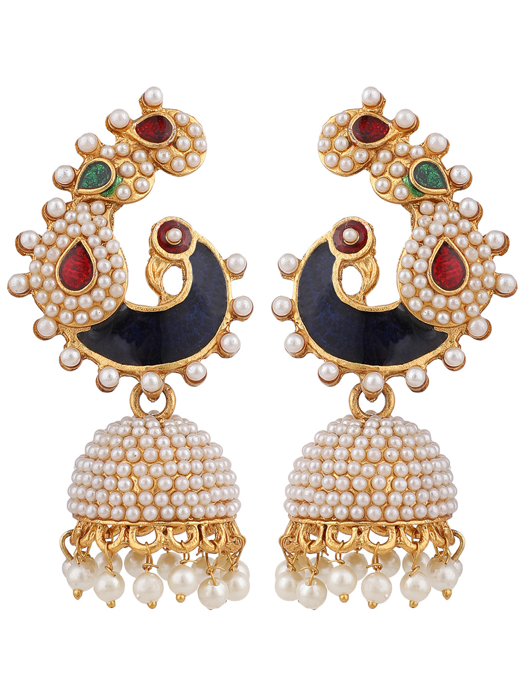 Women's Off-White Peacock Traditional Pearl and Meenakari Brass Jhumka Earring
