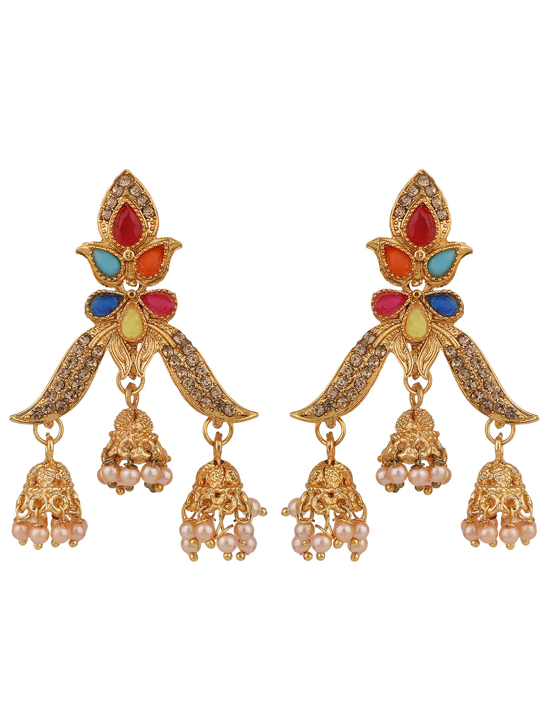 Women's Multicolour Gold Plated Traditional Brass Cubic Zirconia 3 Jhumki Earring