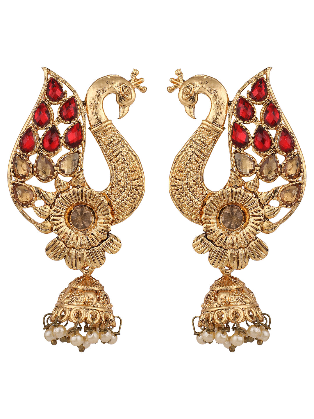 Women's Peacock Shaped Traditional Brass Gold Plated Red Stone Studded Jhumka Earring