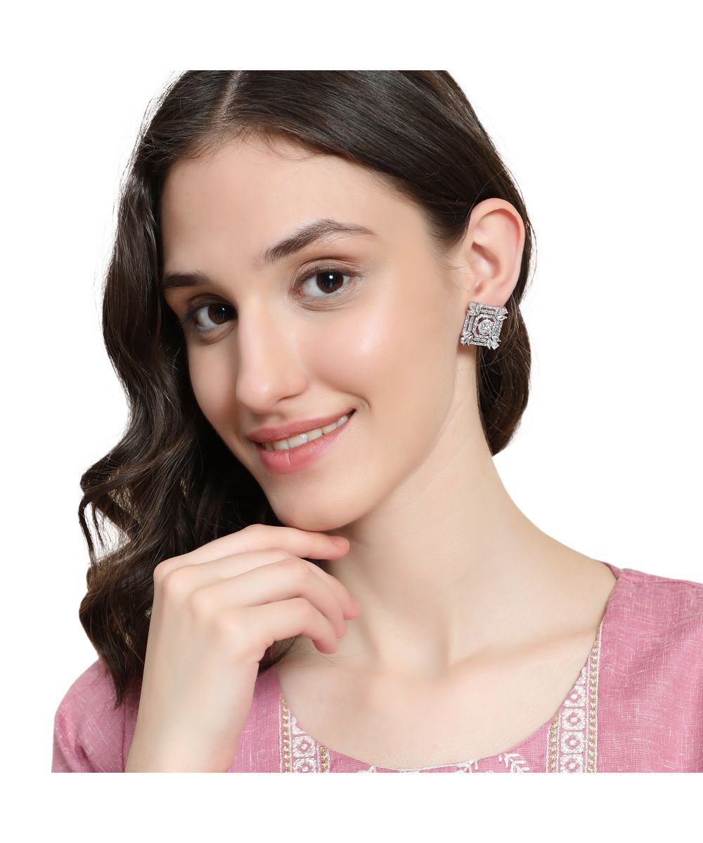 Women's American Diamond Statement Silver Square shaped Stud Earring
