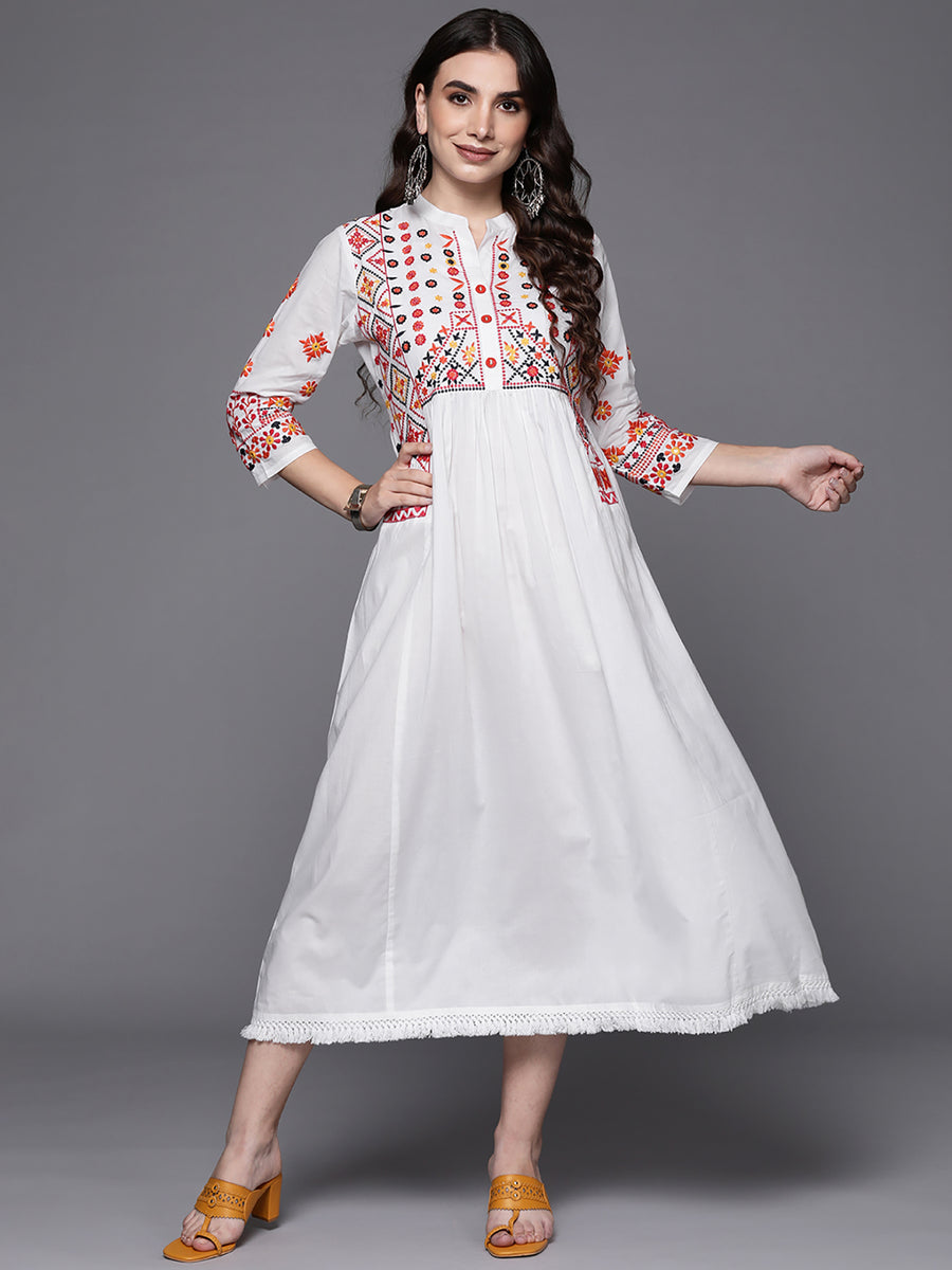 Indo Era White Embroidered A-Line Ethnic Dress
