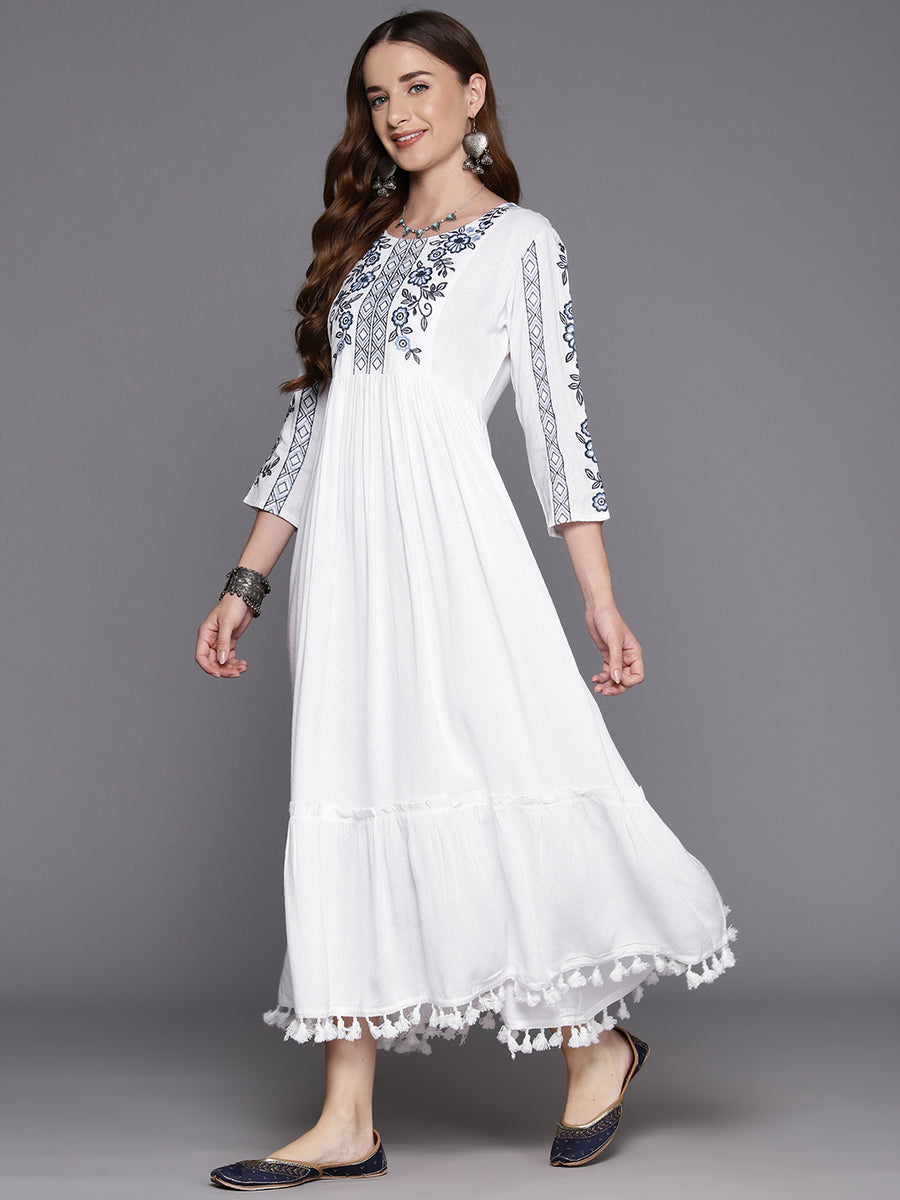 Women's White Embroidered A-Line Smart Casual Dress