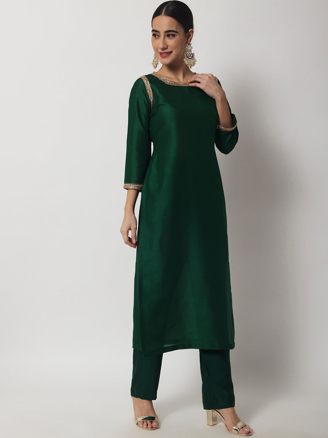 Women's Emerald Green Straight Kurti With Straight Pants