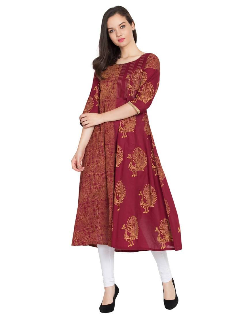 Maroon Cotton Hand Block Print Straight Kurti for Women | Floral Ethnic Kurta with 3/4 Sleeves main image 0