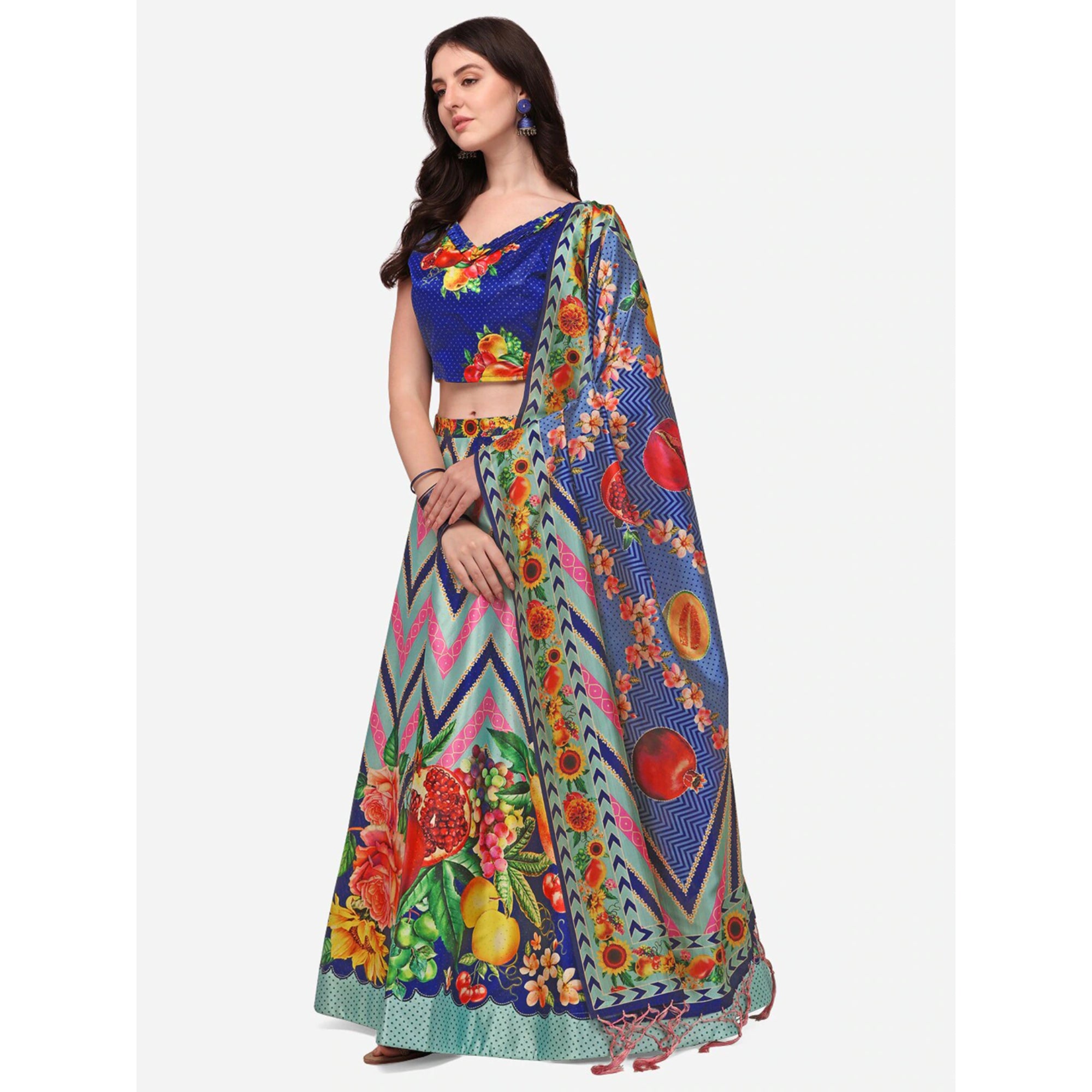 Women's Digital Print Shiney Satin Semistitched Lehenga Choli With Unstitched Blouse And Thred Work Dupatta