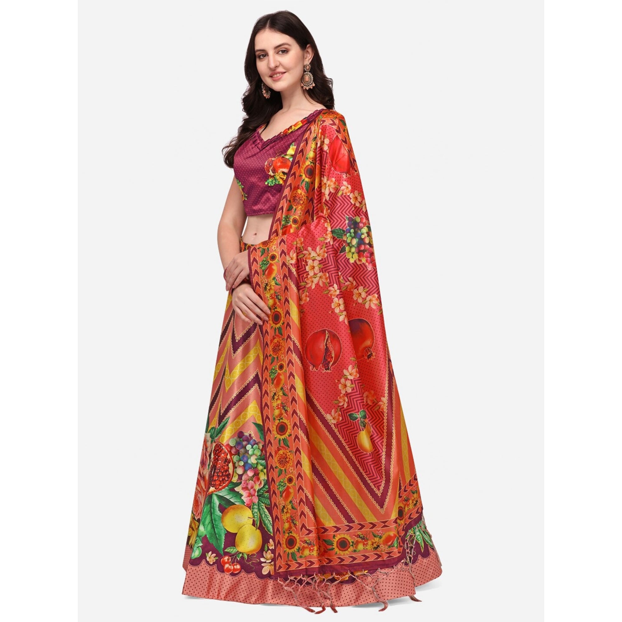 Women's Digital Print Shiney Satin Semistitched Lehenga Choli With Unstitched Blouse And Thred Work Dupatta