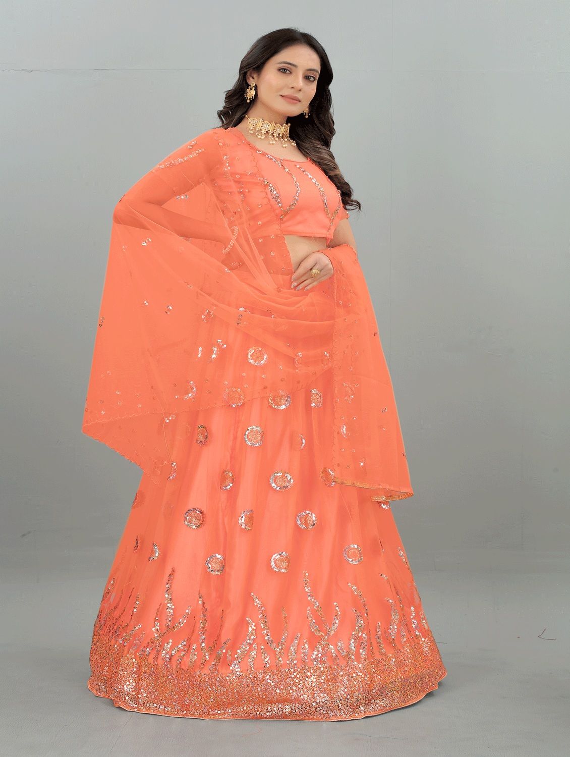 Women's Orange color Semi-Stitched Lehenga Choli with Dupatta
