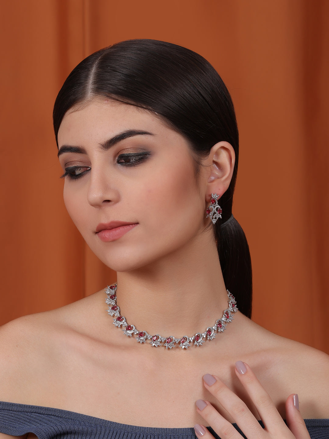 Women's Graceful American Diamond Necklace Set with Earrings