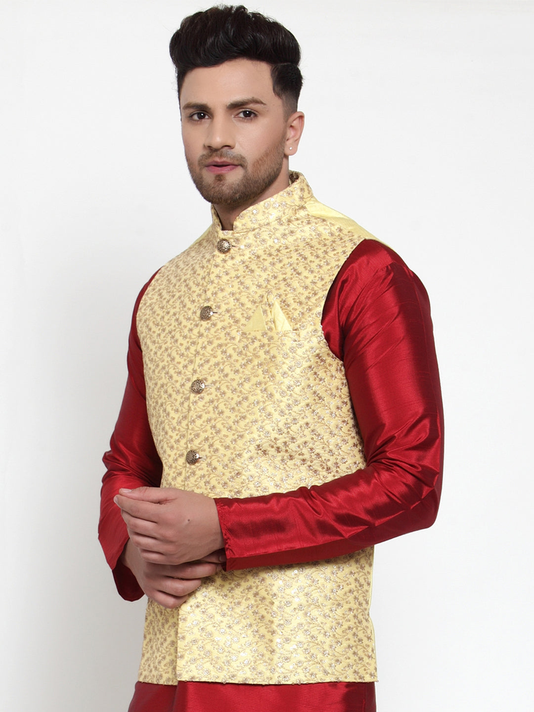 Men's Yellow Embroidered Nehru Jacket ( JOWC 4016Yellow )
