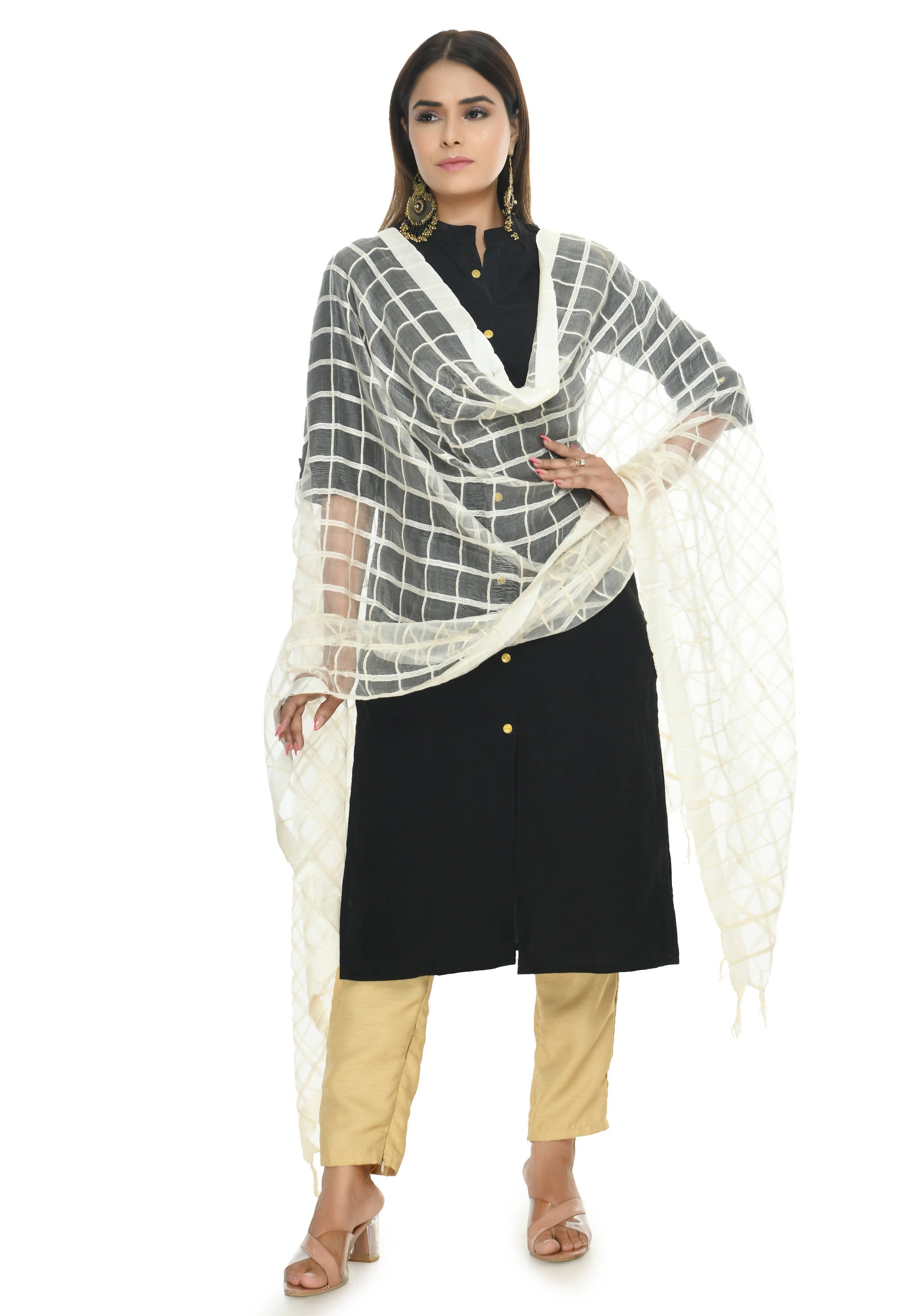 Women's Square Design Off White Dupatta & Chunni Mfd0008