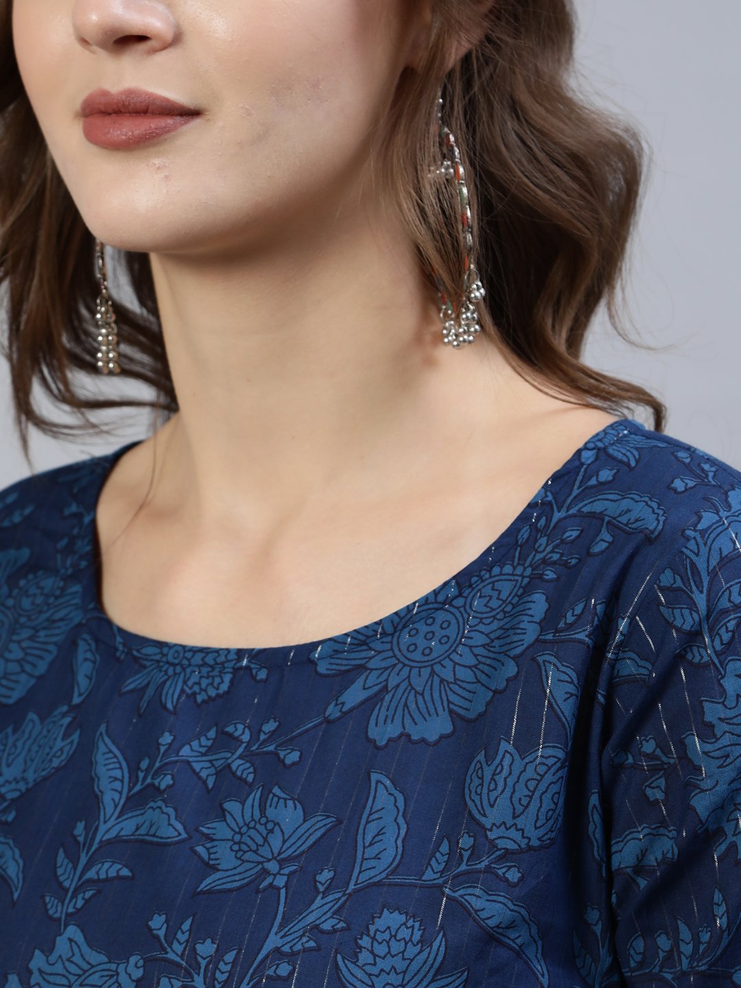 Women's Indigo Floral Printed Straight Kurta With Palazo & Dupatta