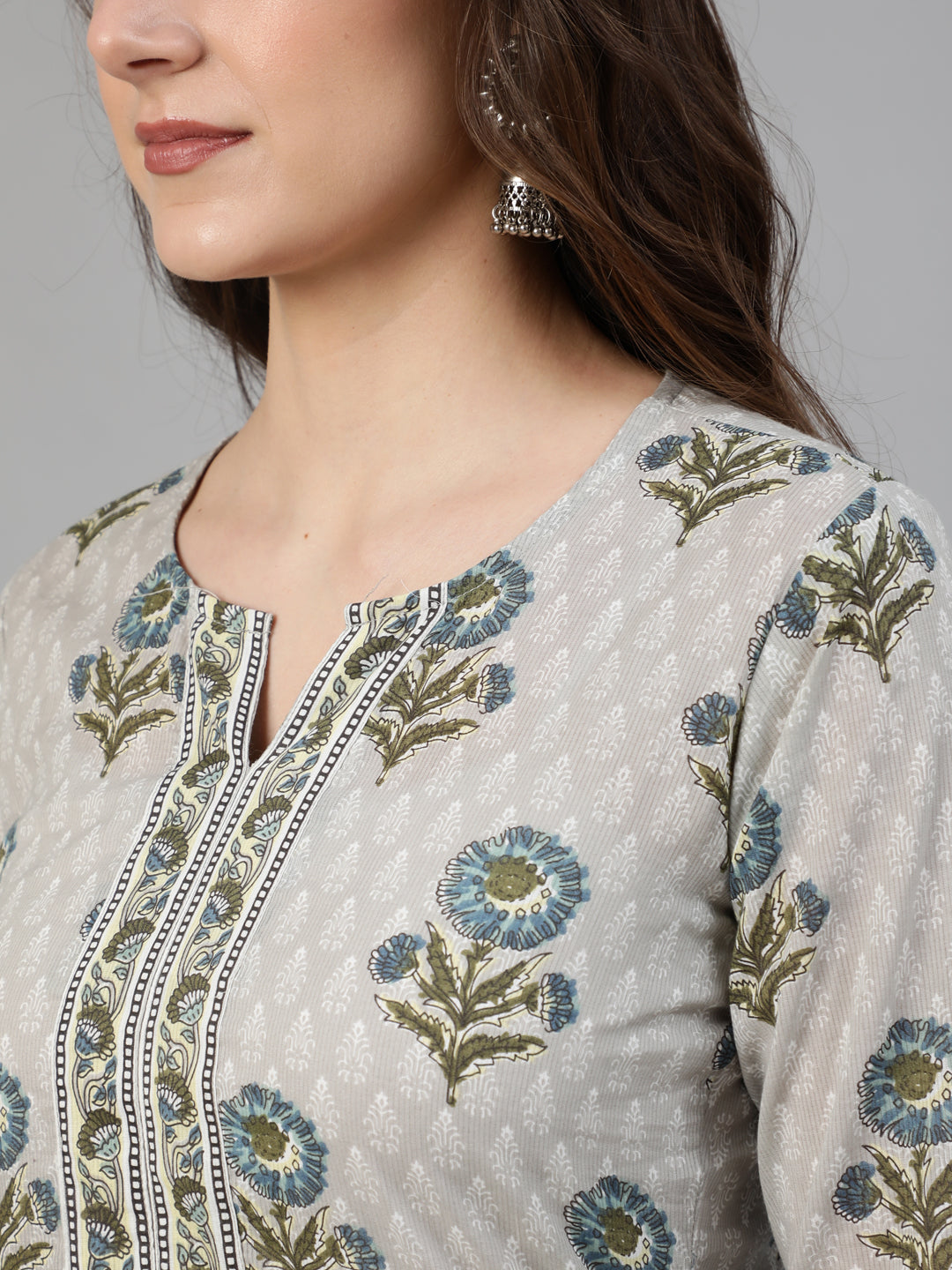 Women's Grey Printed Kurta With Plazo & Dupatta