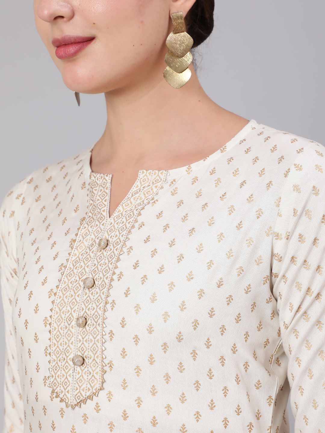 Women's White & Gold Printed Lace Details Lurta With Palazzo And Net Sequence Dupatta