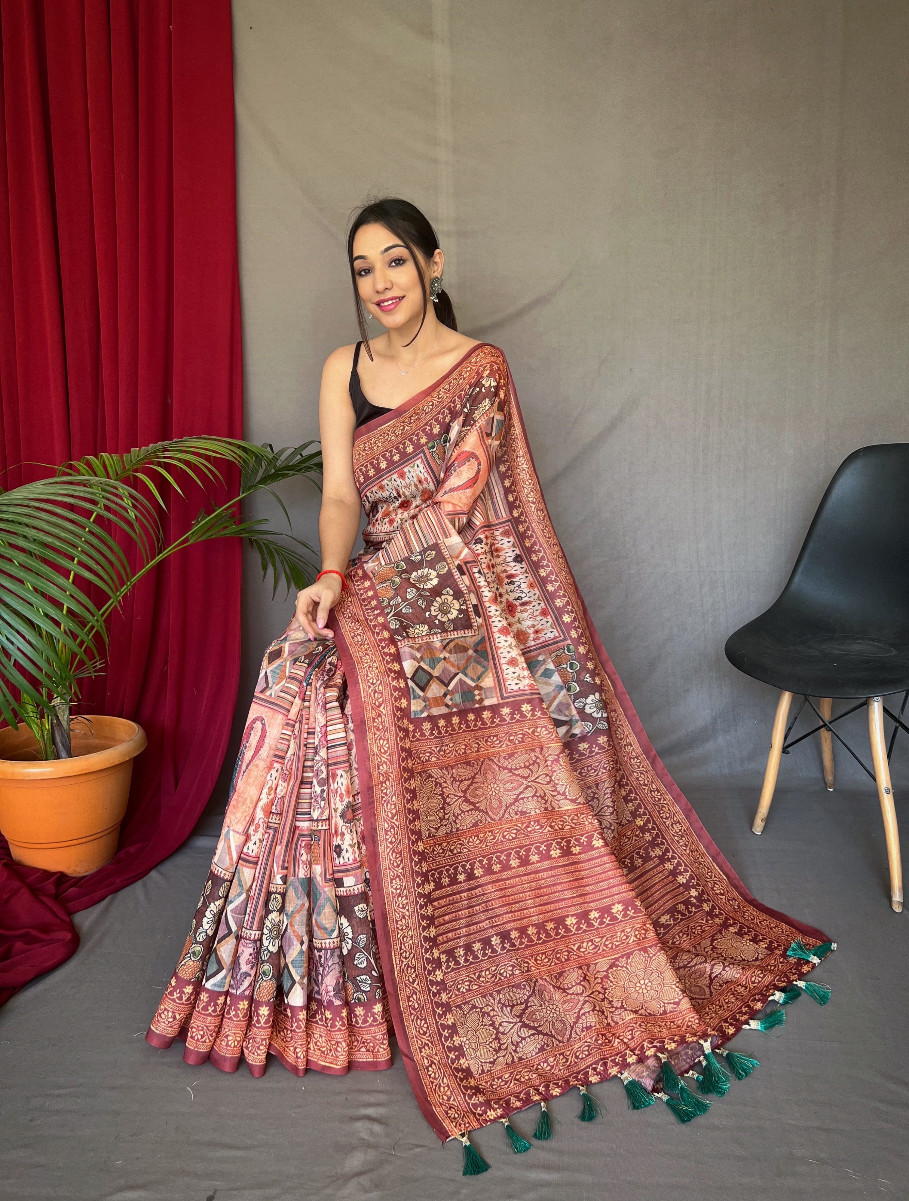 Women's Brown Ajrakh Carpet Silk Cotton Printed Saree