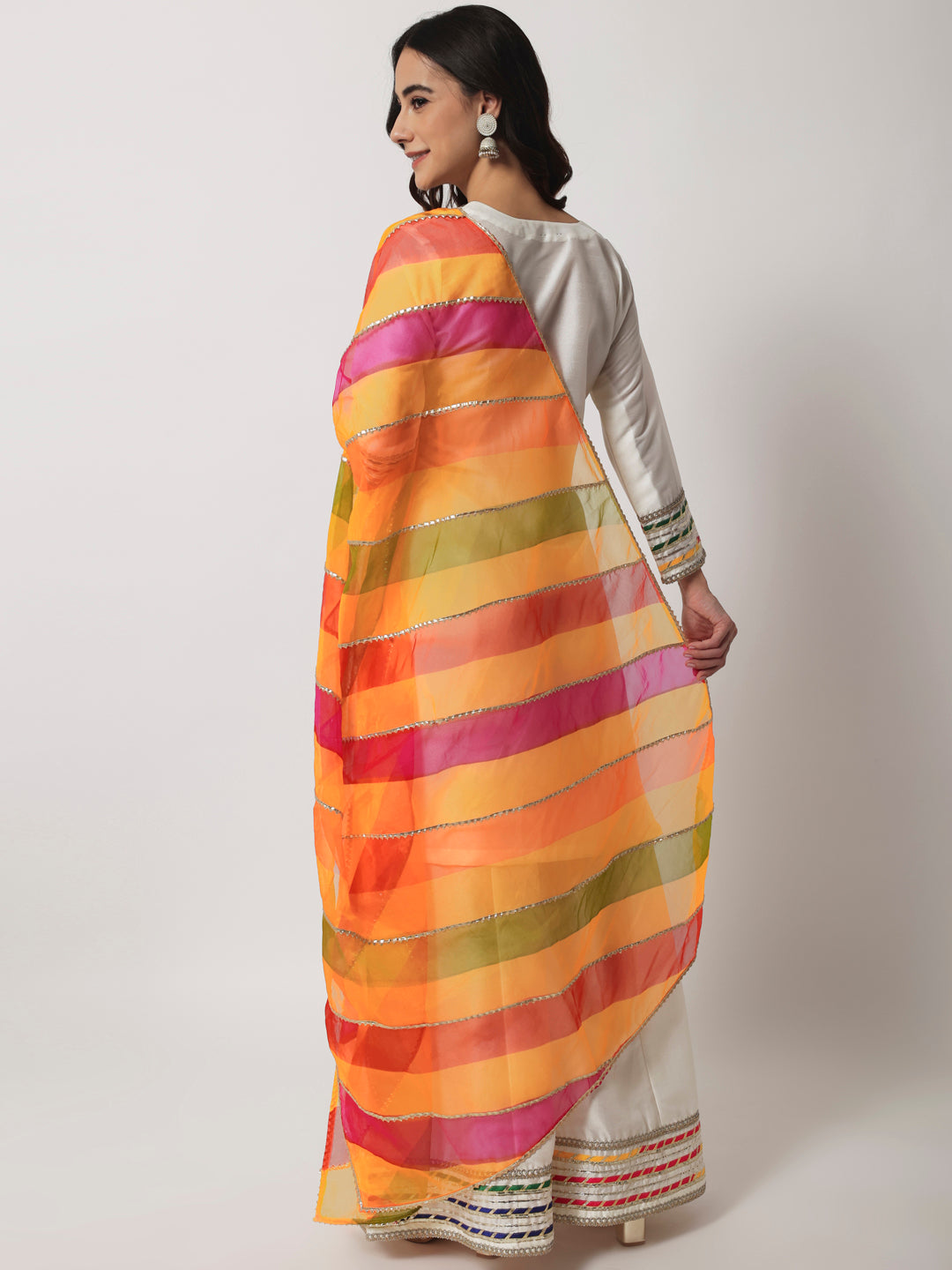 Women's Charming Ivory Kurti With Kalidaar Palazzo And Multi-Colour Leheriya Dupatta