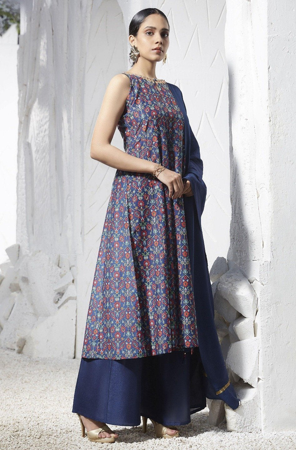 Women's Blue Poly Muslin Kurta With Palazzo And Dupatta
